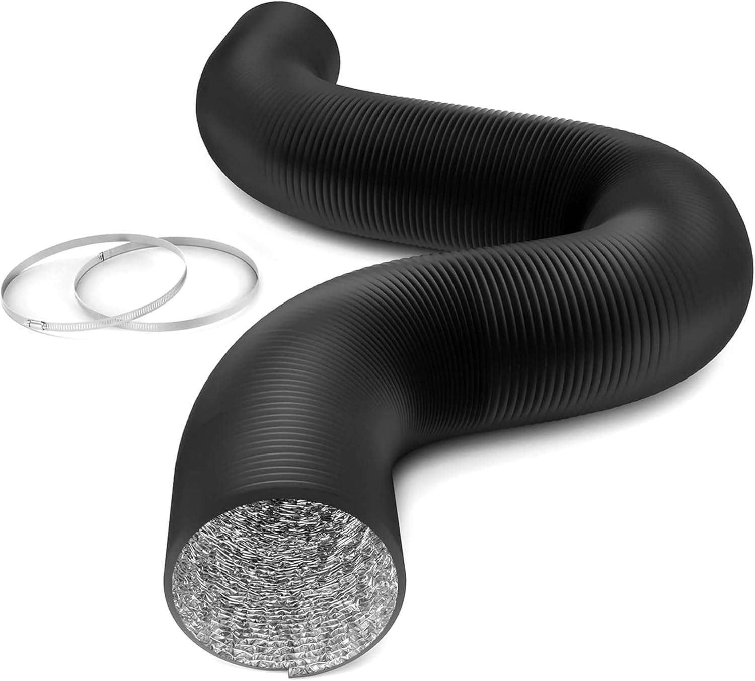 Simple Deluxe 6-Inch Flexible Aluminum Ducting, 25FT Vent Hose for HVAC, Grow Tents & Exhaust Fans - 2 Clamps Included, Black