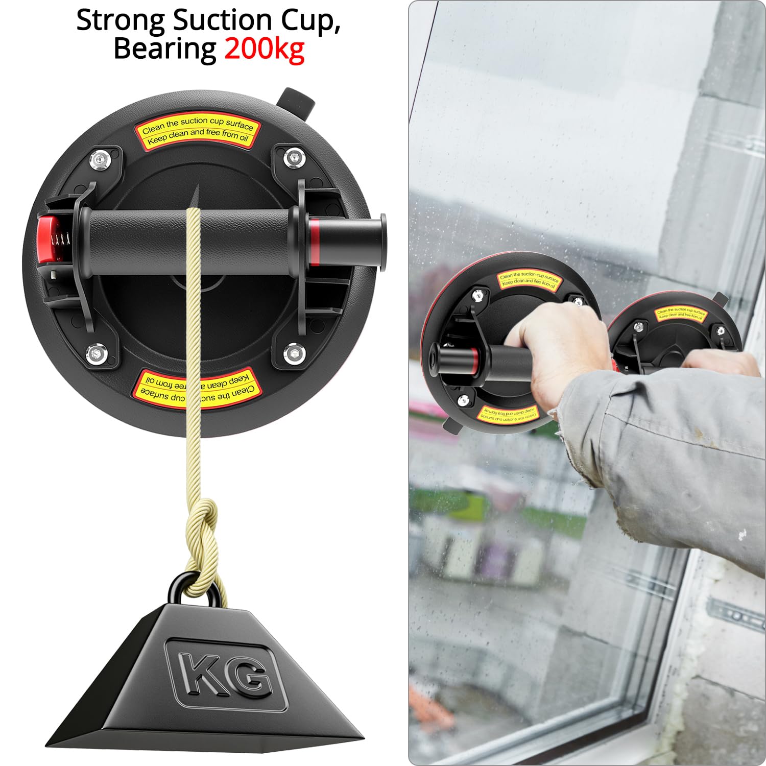 QWORK® Ventosas para Cristal y Yazulejos, Profesional Ventosas de Vacío para Levantar Ventanas y Puertas, Suelos de Madera, Paneles de Mármol, Capacidad de Carga de 200 kg