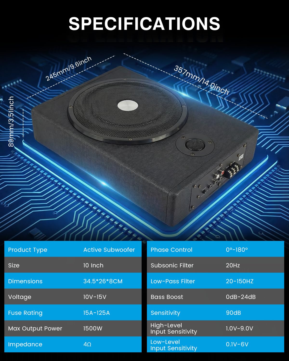 Subwoofer Attivo per Auto, Potenza Massima 1500W, Subwoofer Compatto da Installare Sotto il Sedile, Amplificatore Integrato, Subwoofer Chiuso, Nero, Compatibile con Diversi Modelli di Auto
