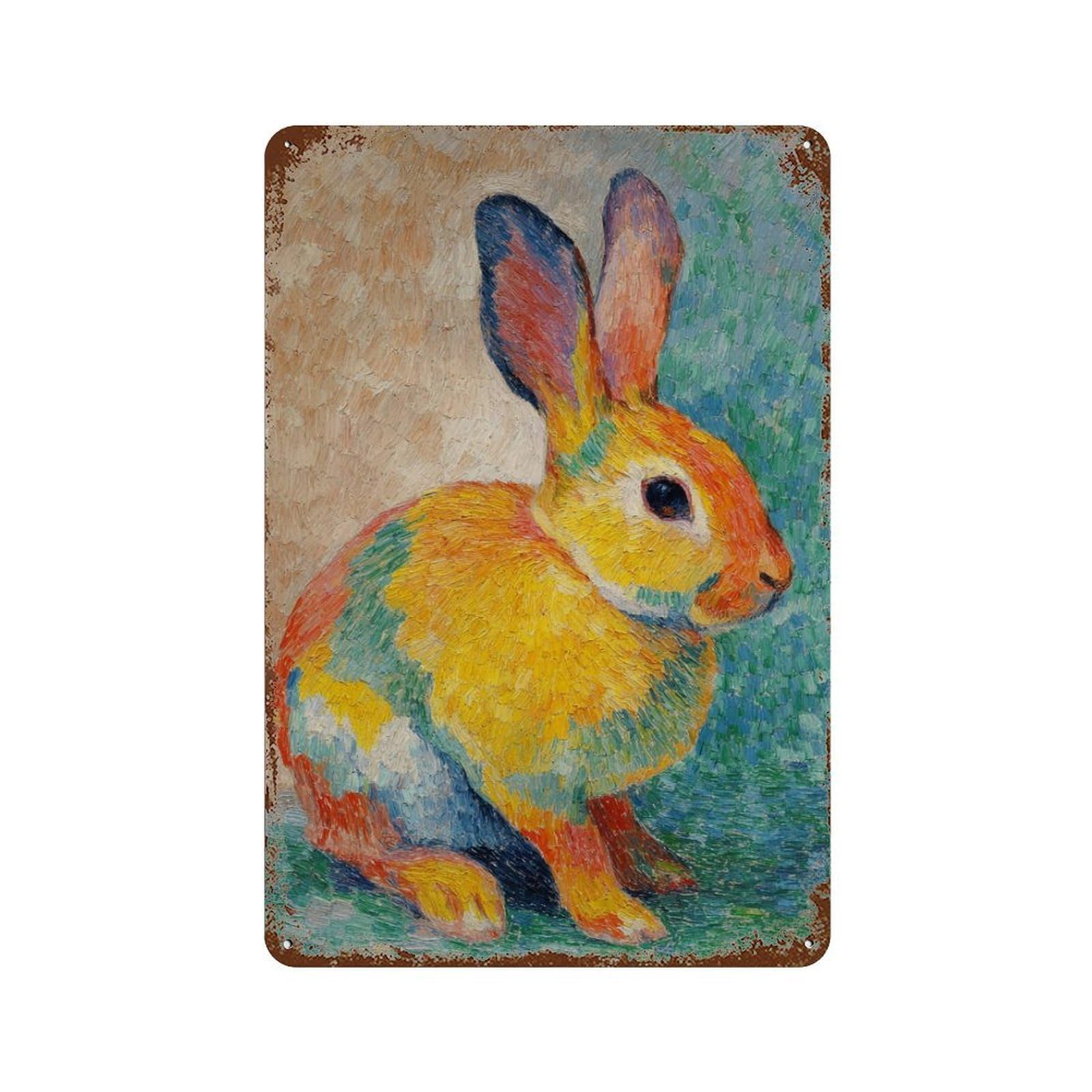 Colorful Rabbit Painting Aged Metal Wall Plaque 11.8"x7.9", for Pub, Kitchen And Man Cave Decor, Decorative Metal Wall Art