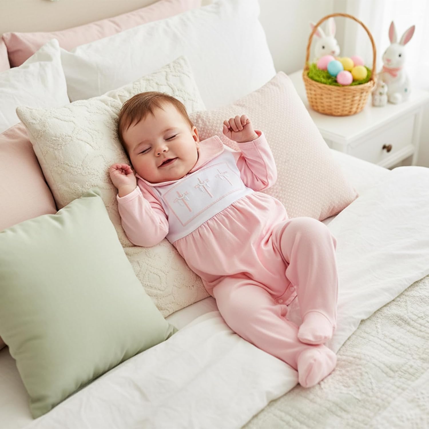 KMBANGI Newborn Baby Girl Baptism Outfit Cross Christening Jumpsuit Long Sleeve Collared Footie Romper Preemie Clothes Spring