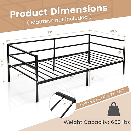 Miniatura 2 de Giantex Marco de cama de metal tamaño individual, cama de día con soporte de listones de metal y barandillas de 3 lados, sofá cama 2 en 1 que ahorra