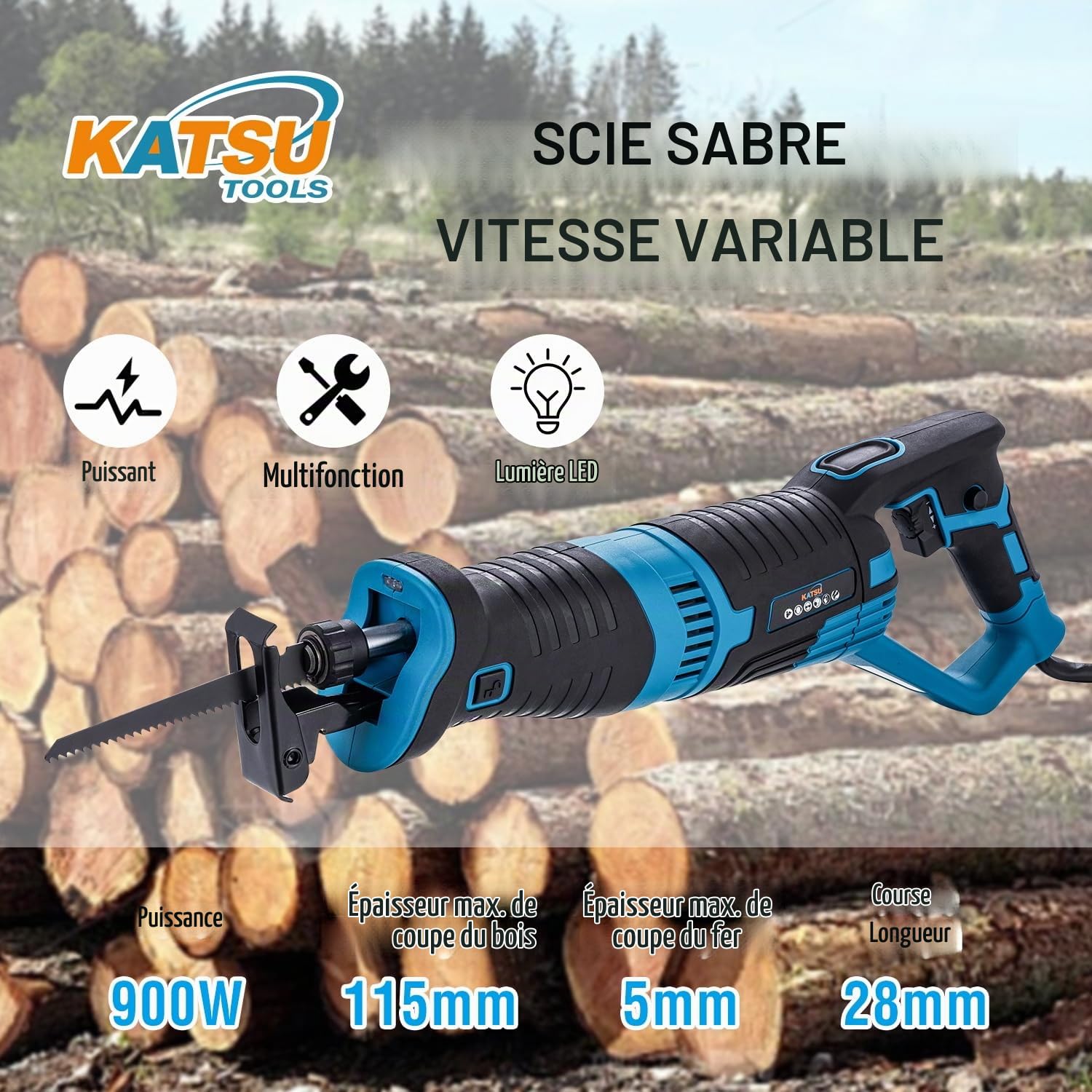 KATSU Tools Scie sabre électrique filaire 900 W, course de 22 mm, 2 800 coups/min, vitesse variable, changement de lame sans outil, pour la découpe du bois, du métal et du PVC