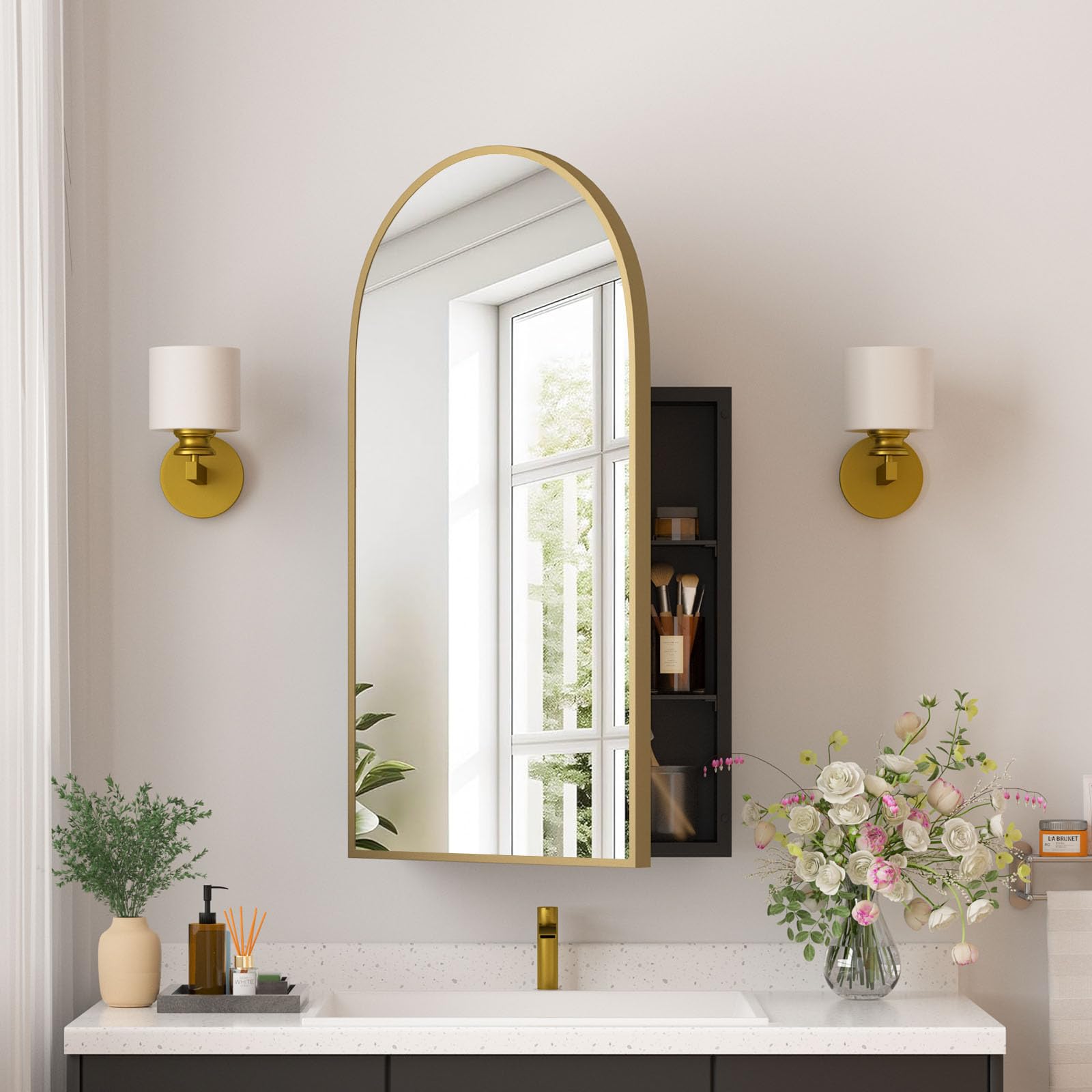 medicine cabinets for bathroom, brush gold arched medicine cabinet recessed or surface wall-mounted,modern bathroom vanity mirror with storage, mirrored cabinet with adjustable shelves,16x31 inch