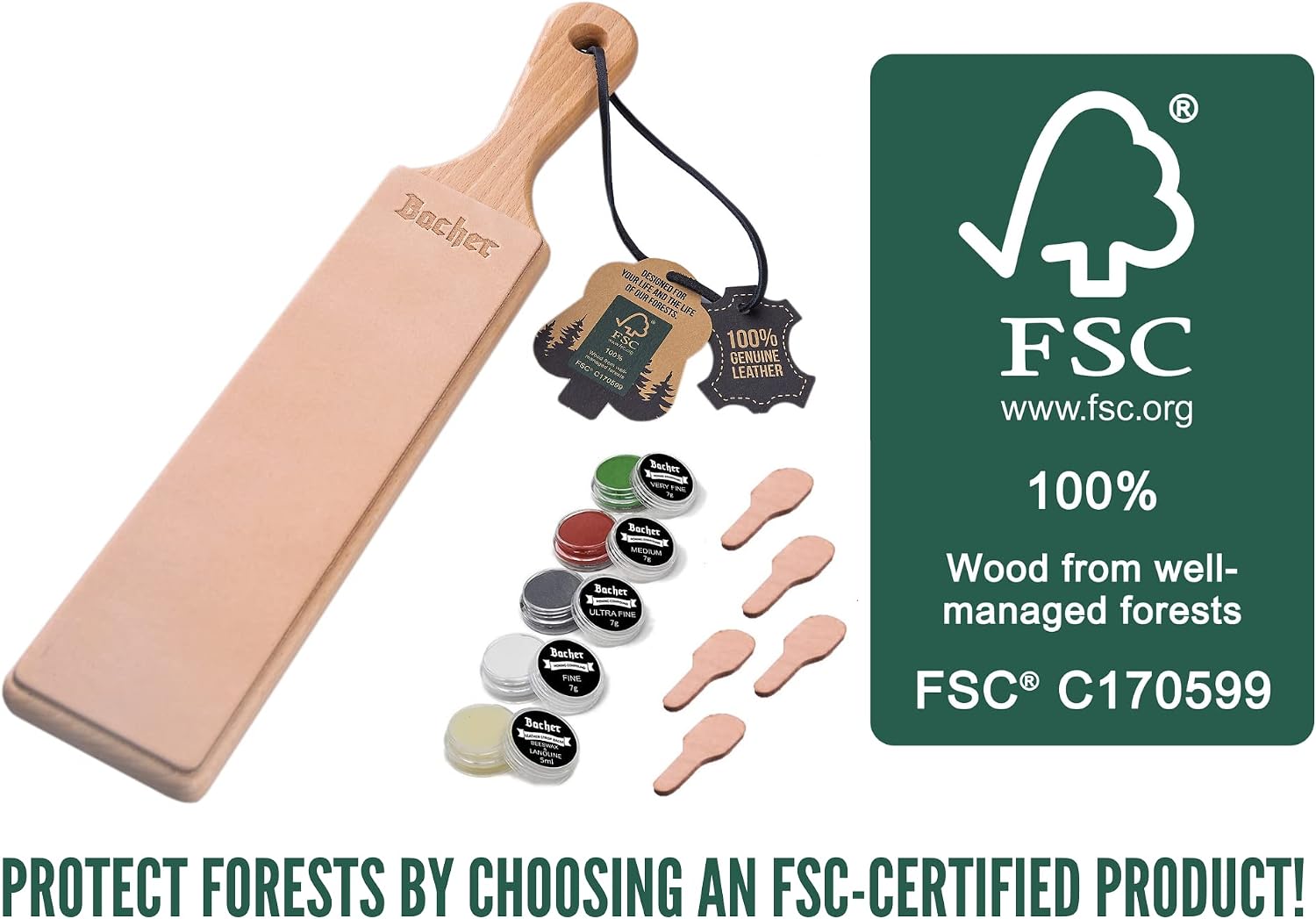 Bacher Premium Leather Strop for Knife Sharpening with Polishing Compound - Double Sided Stropping Leather – Stropping Kit: Knife Strop and Stropping Compound for Wood Carving and Woodworking