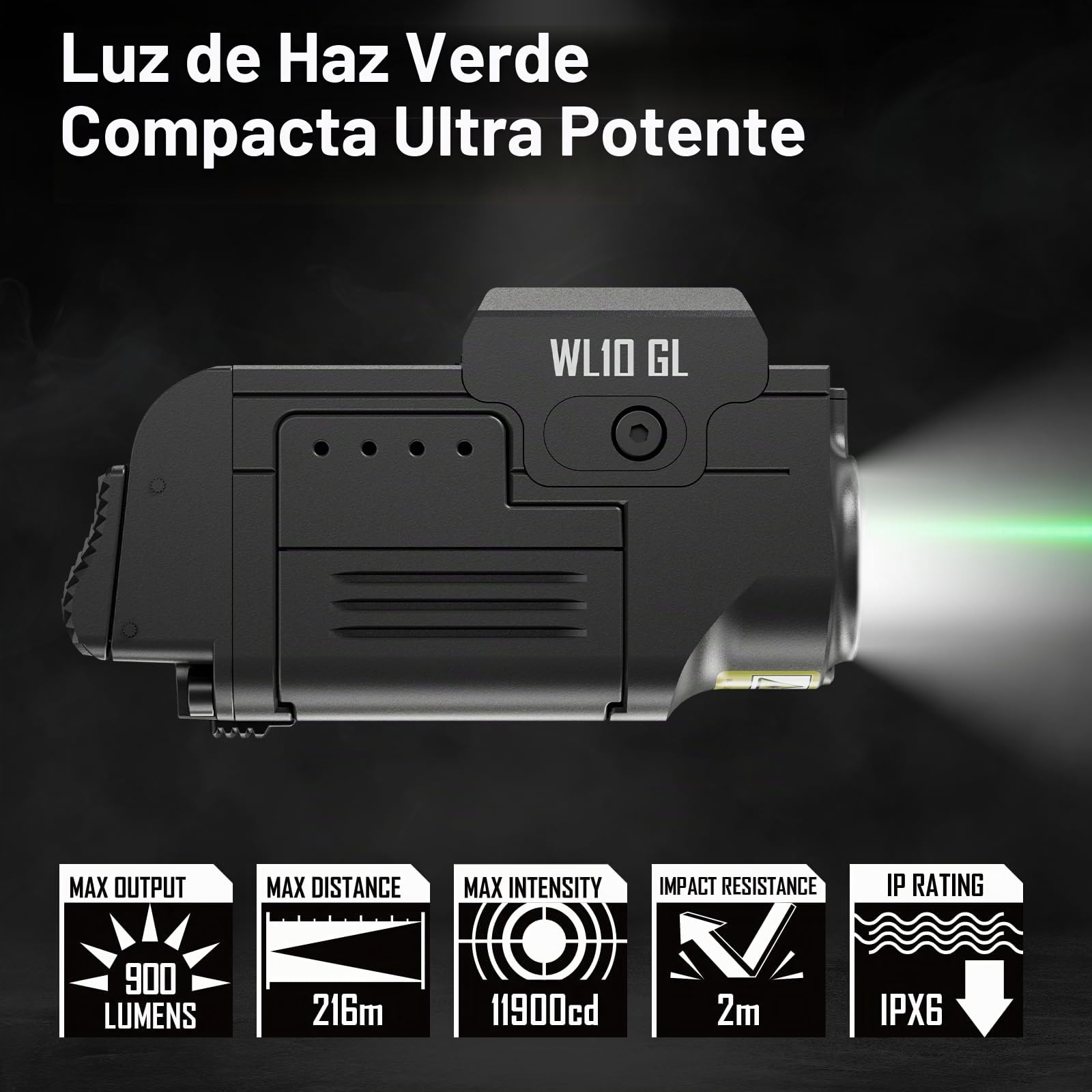 AIMWIN WL10 GL Linterna Táctica con Láser Verde 900 Lúmenes para Pistolas, Luz de Arma Recargable Magnética Compatible con Rieles 1913 y GL