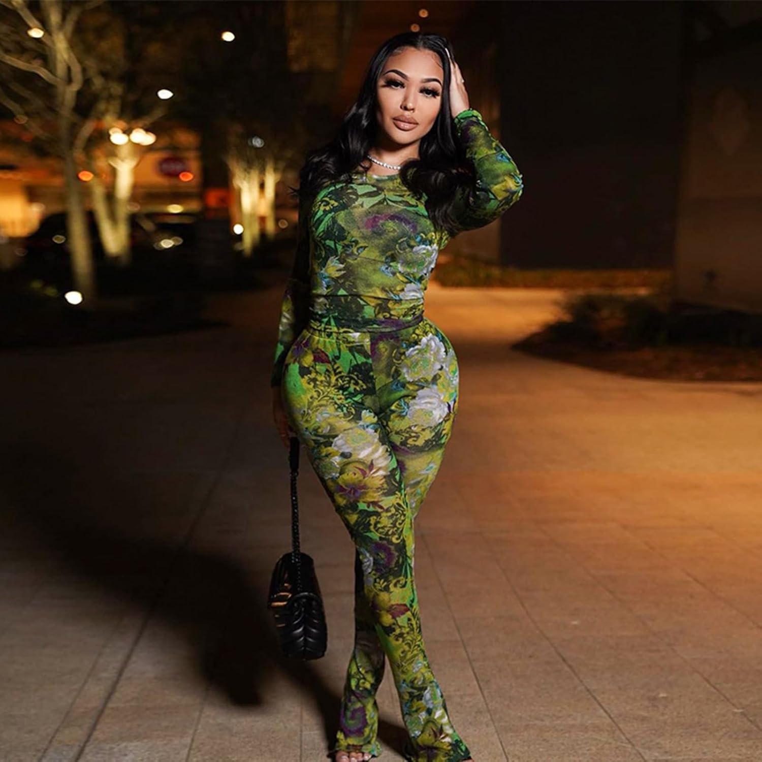 Sexy 2 Piece Set Jumpsuit for Women Floral Print See Through Mesh Long Sleeve Going Out Top and Flare Pants Sets - Image 2