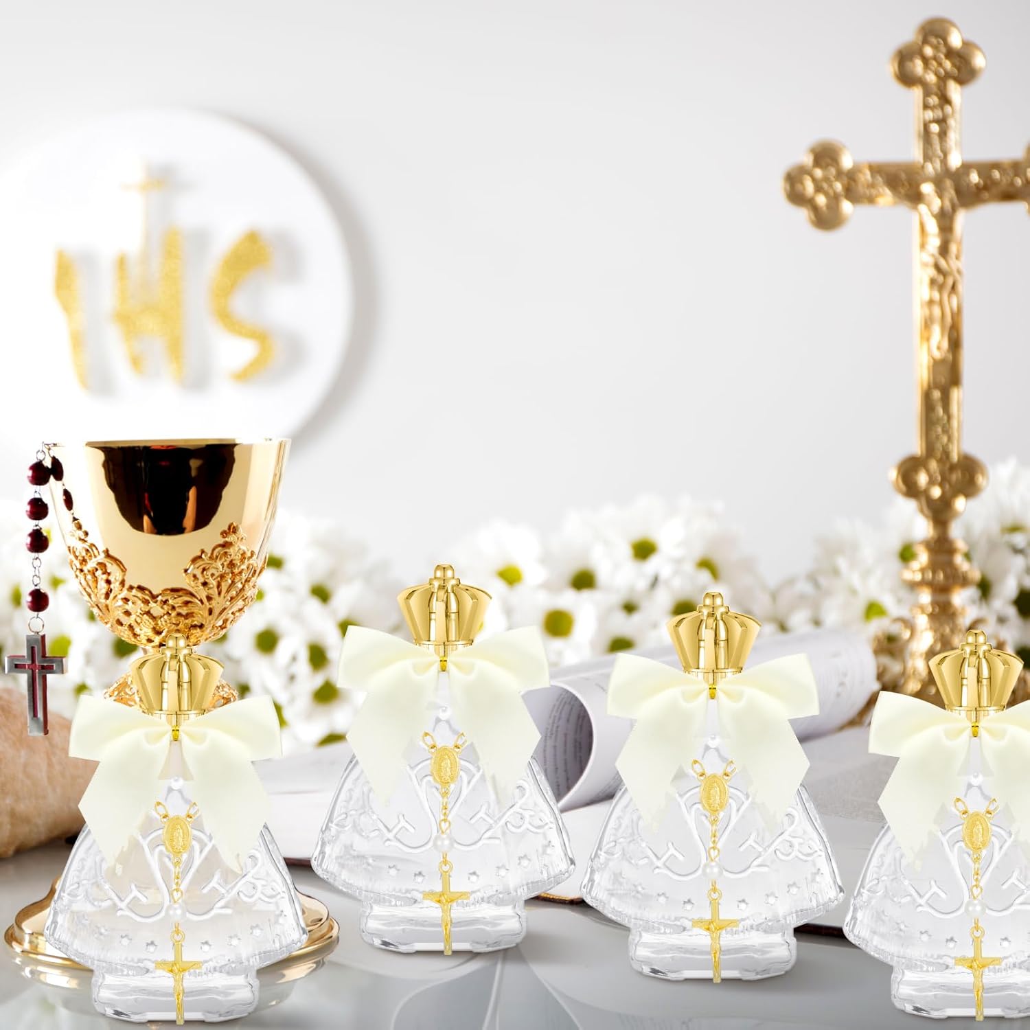 Chuangdi 24 Pcs 12 Sets Holy Water Bottles Baptism Favors for Guest Holy Water Container with Cross Rosary Organza Bag Bow 50ml Glass Empty Container for Communion Christian Wedding (Fresh,White)