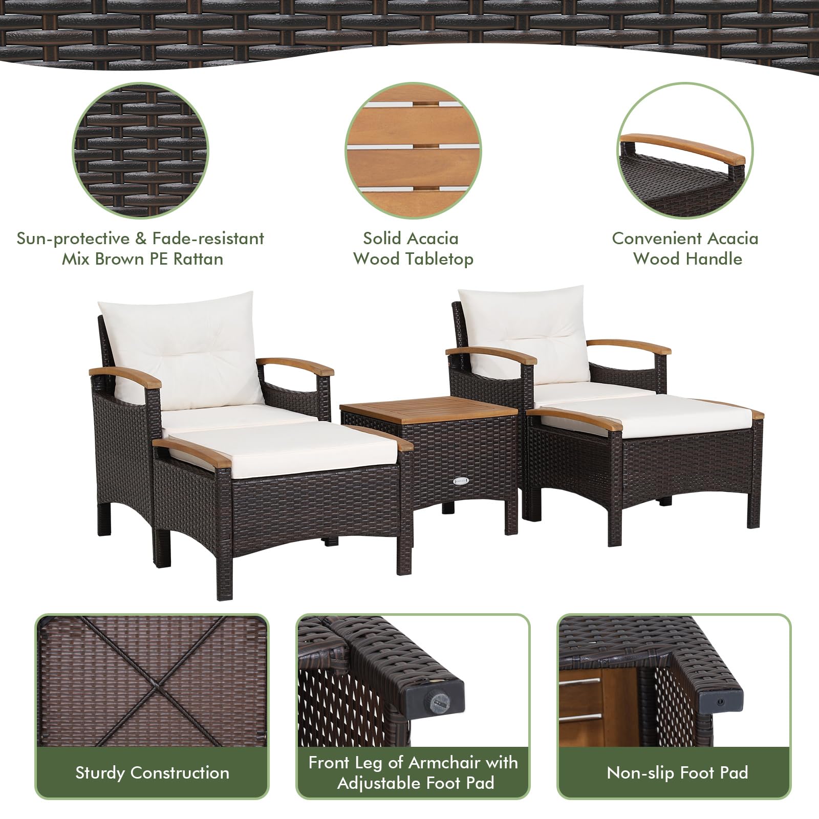 LIFEZEAL Juego de Muebles de Ratán, 2 sillónes de jardín con 2 taburetes con Cojines extraíbles, reposabrazos de Madera de Acacia, 2 Sofás Individual y Mesa de Centro para 2-4 Personas (5 Piezas)