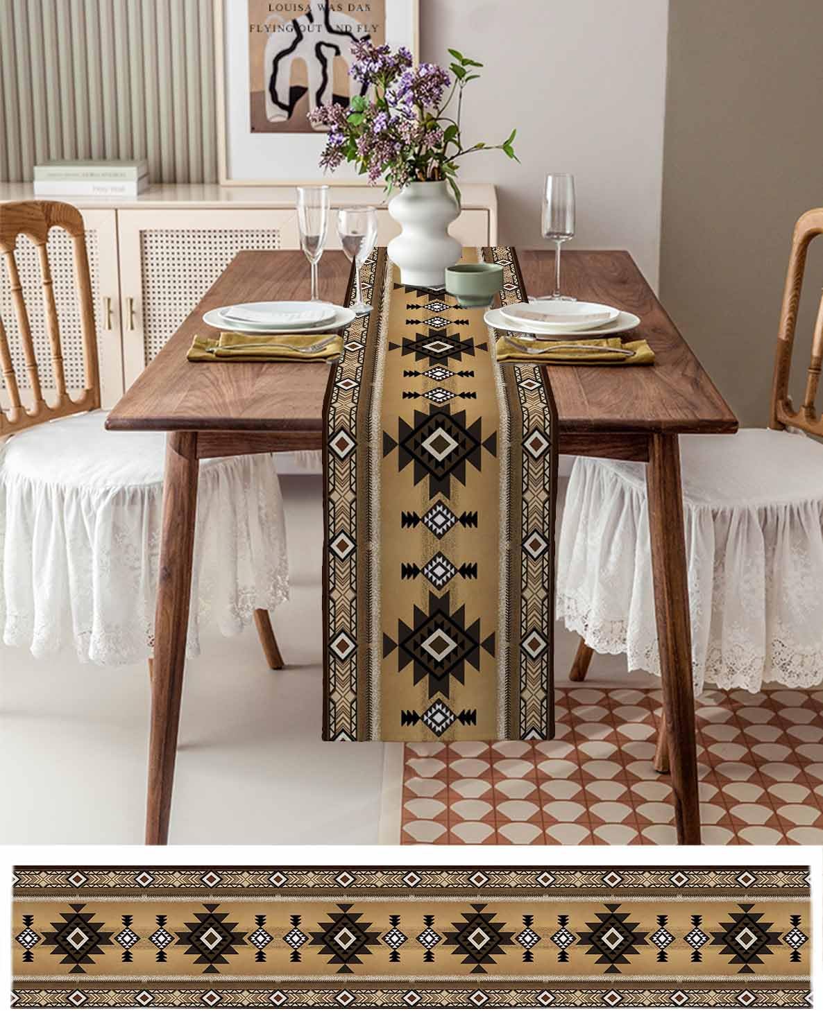 Southwestern Table Runner and Placemats Set, Burlap Washable Mats for Kitchen, Farmhouse Brown Aztec Native (6 Placemats + 70 Inch Long Runner)
