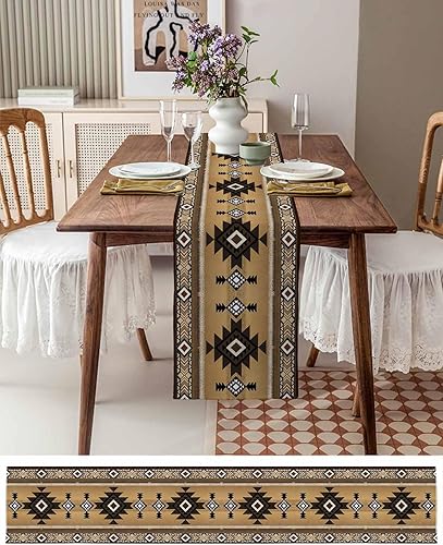 Miniatura 3 de Southwestern - Juego de camino de mesa y manteles individuales, arpillera, lavables, para cocina, granja, marrón, azteca, nativo (4 manteles