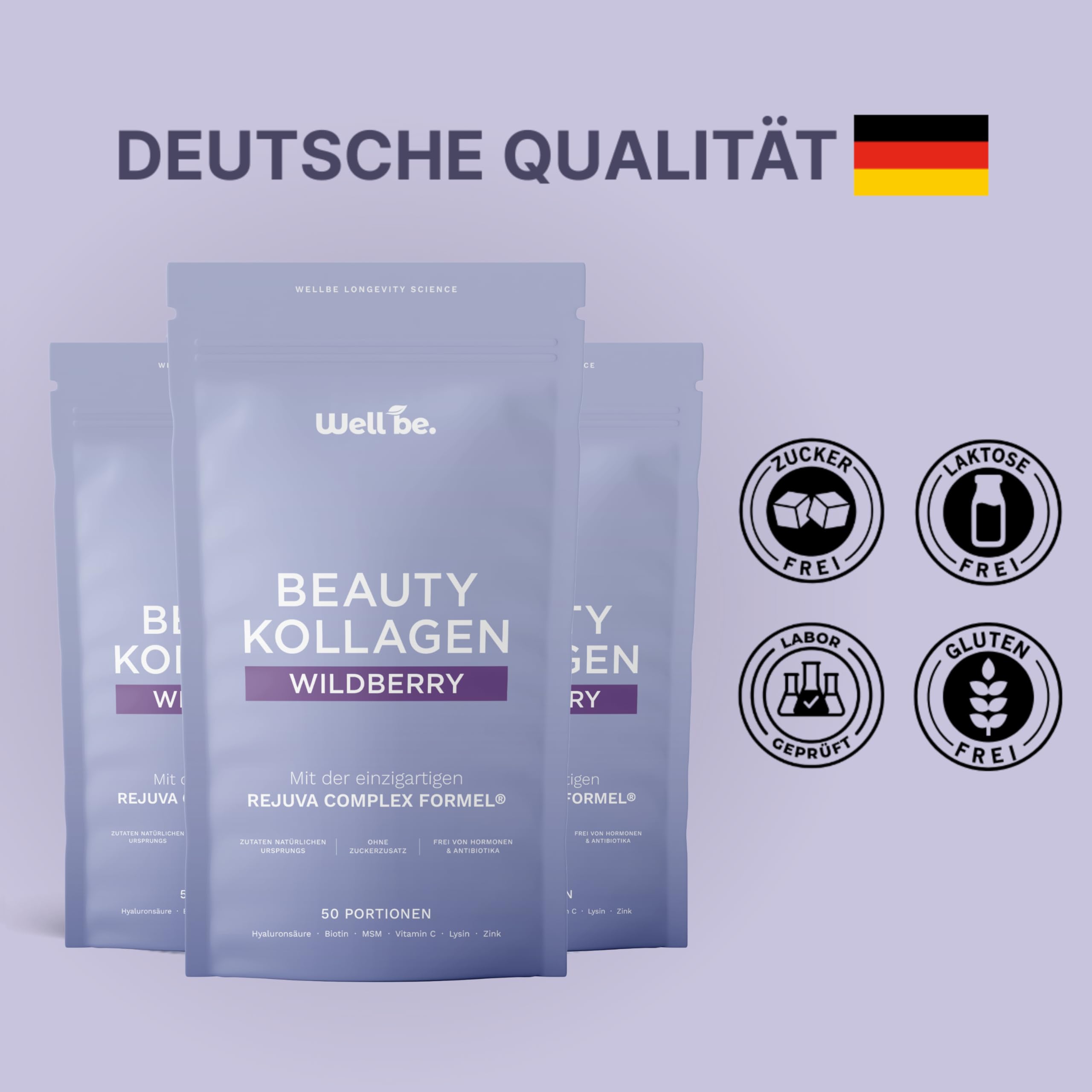 Wellbe Kollagen Pulver Wildberry - hochdosiert mit maximal bioaktivem Kollagen Hydrolysat, Biotin, Zink, Vitamin C & Hyaluron - Collagen Pulver - Kollagenpulver Peptide Made in Germany