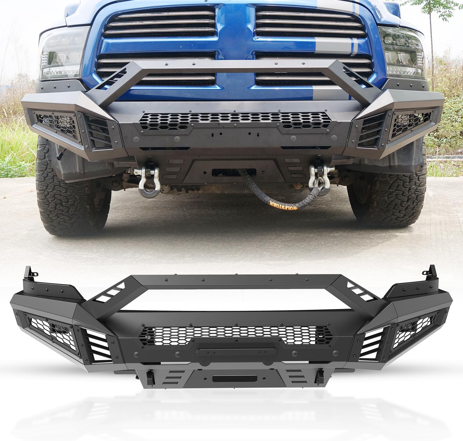 Nixon Offroad Front Bumper for 2013-2018 Dodge RAM 1500 Pickup Truck(Excluding Rebel) / 2019-2024 RAM 1500 Classic(Excluding Warlock) Heavy Duty Steel Bumper with Bull Bar with Winch Plate Skid Plate