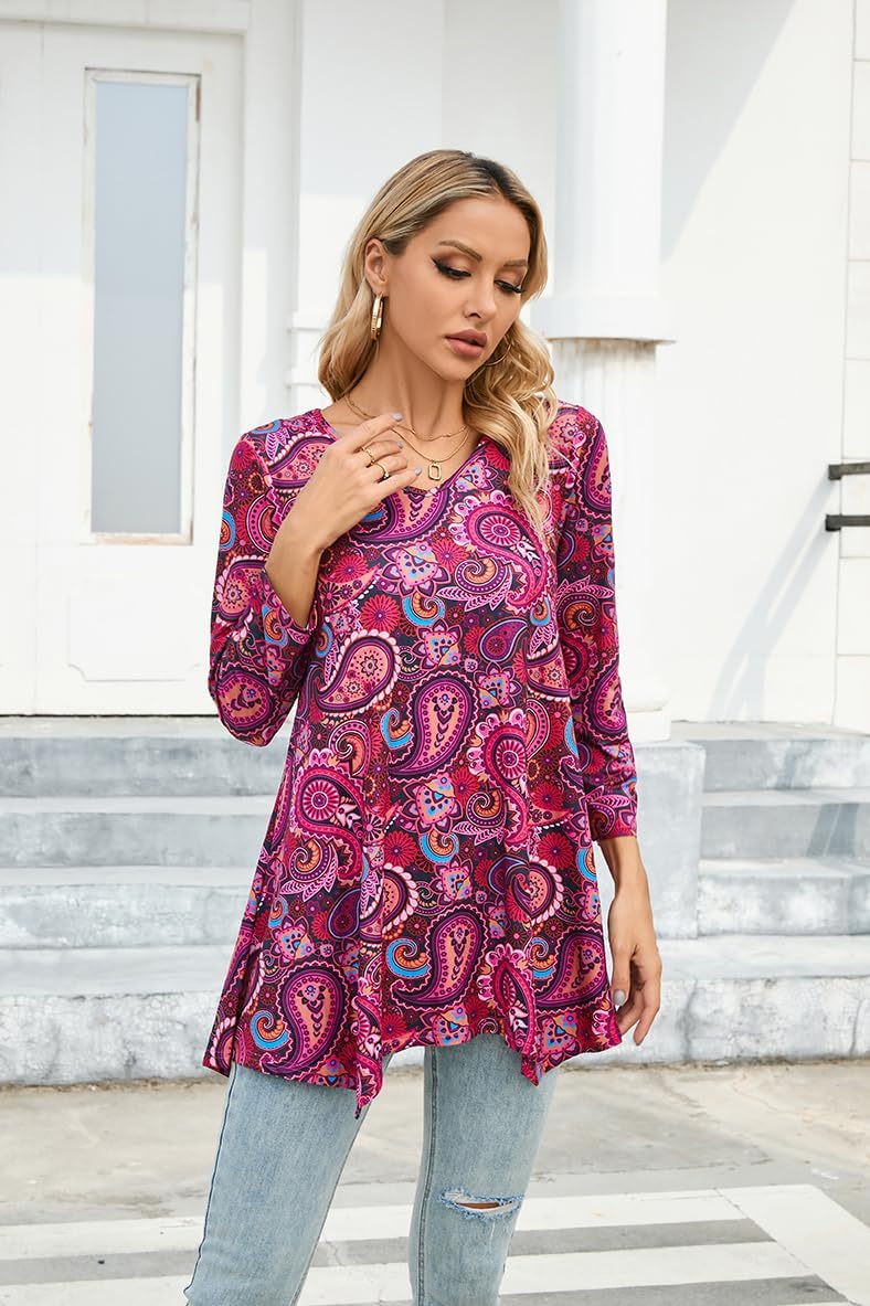 ENMAIN Womens Tunics Tops 3/4 Length Sleeve Plus Size Long Tops to Wear with Leggings Casual Loose Fit Dressy Flowy Blouses - Image 2