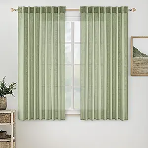 MIULEE Sage Green Linen Curtains 54 Inch Length 2 Panels for Bedroom Living Room, Soft Thick Linen Textured Short Window Drapes Semi Sheer Light Filtering Back Tab Rod Pocket Burlap Look Decor