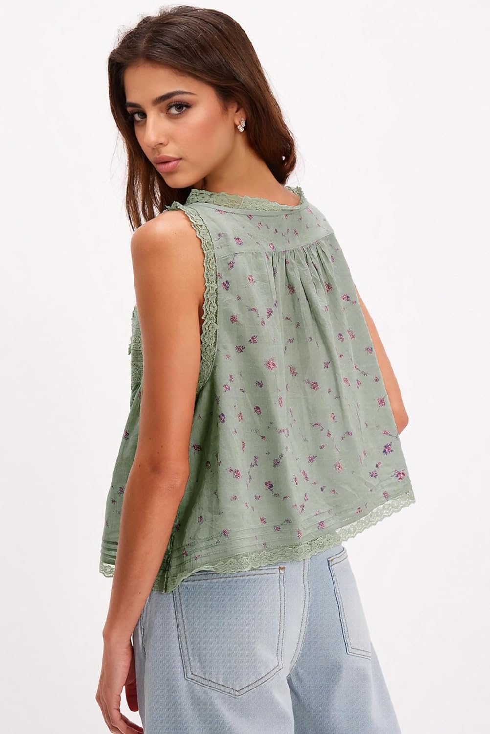Womens Summer Boho Lace Tie Front Relaxed Fit Crop Tank Flowy Vest Tops Button Down Sleeveless Fashion Blouses - Image 4