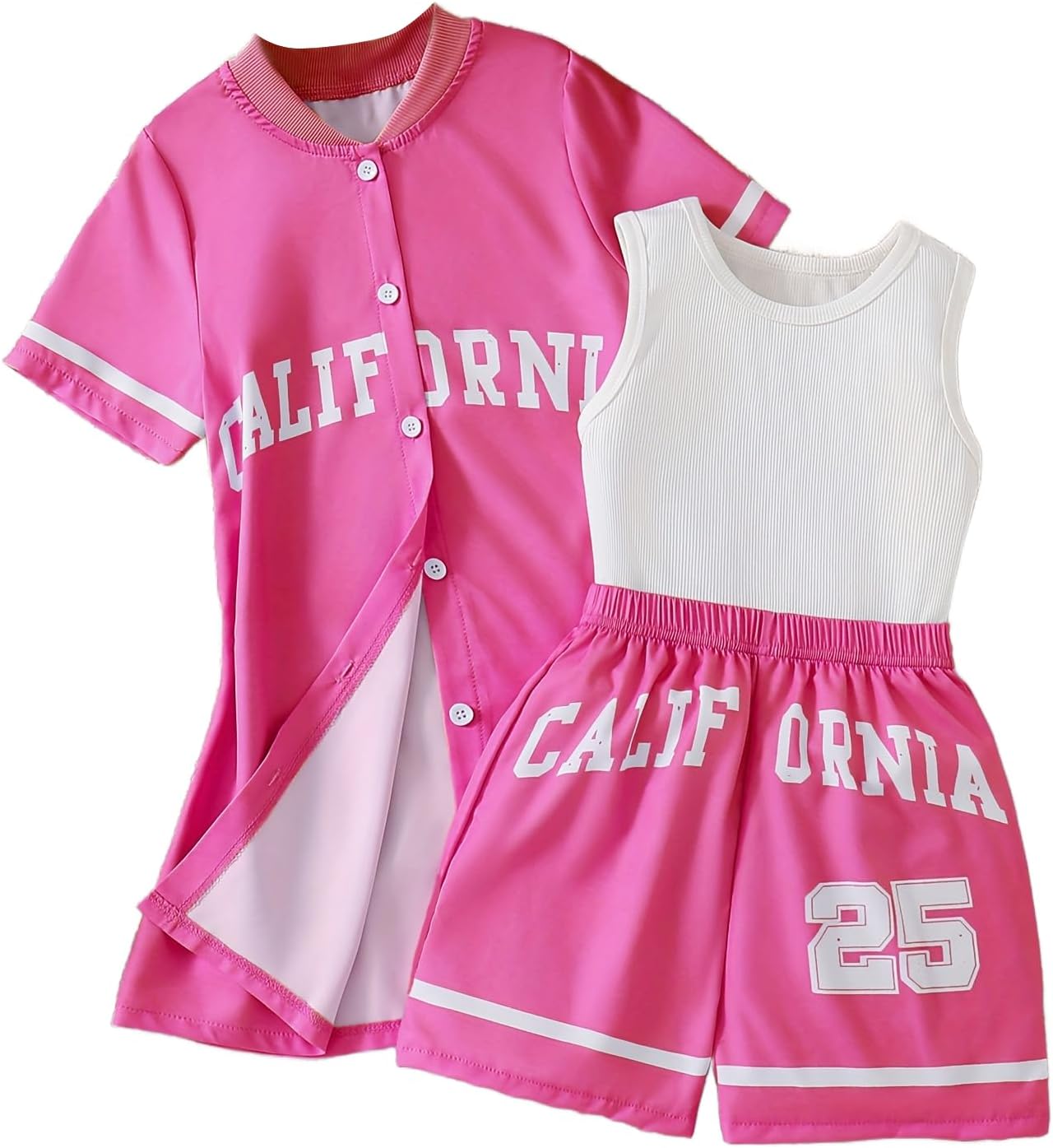 Hilinker Girls 3 Piece Outfits Graphic Tank and Short Sleeve Cardigan with Shorts Set