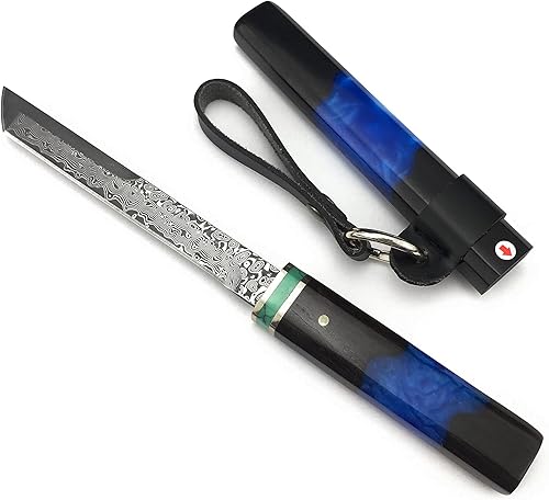 HUAAO Mini cuchillo katana, cuchillo de hoja fija de acero de Damasco con mango de ébano, cuchillo de abridor de letras de espada japonesa para