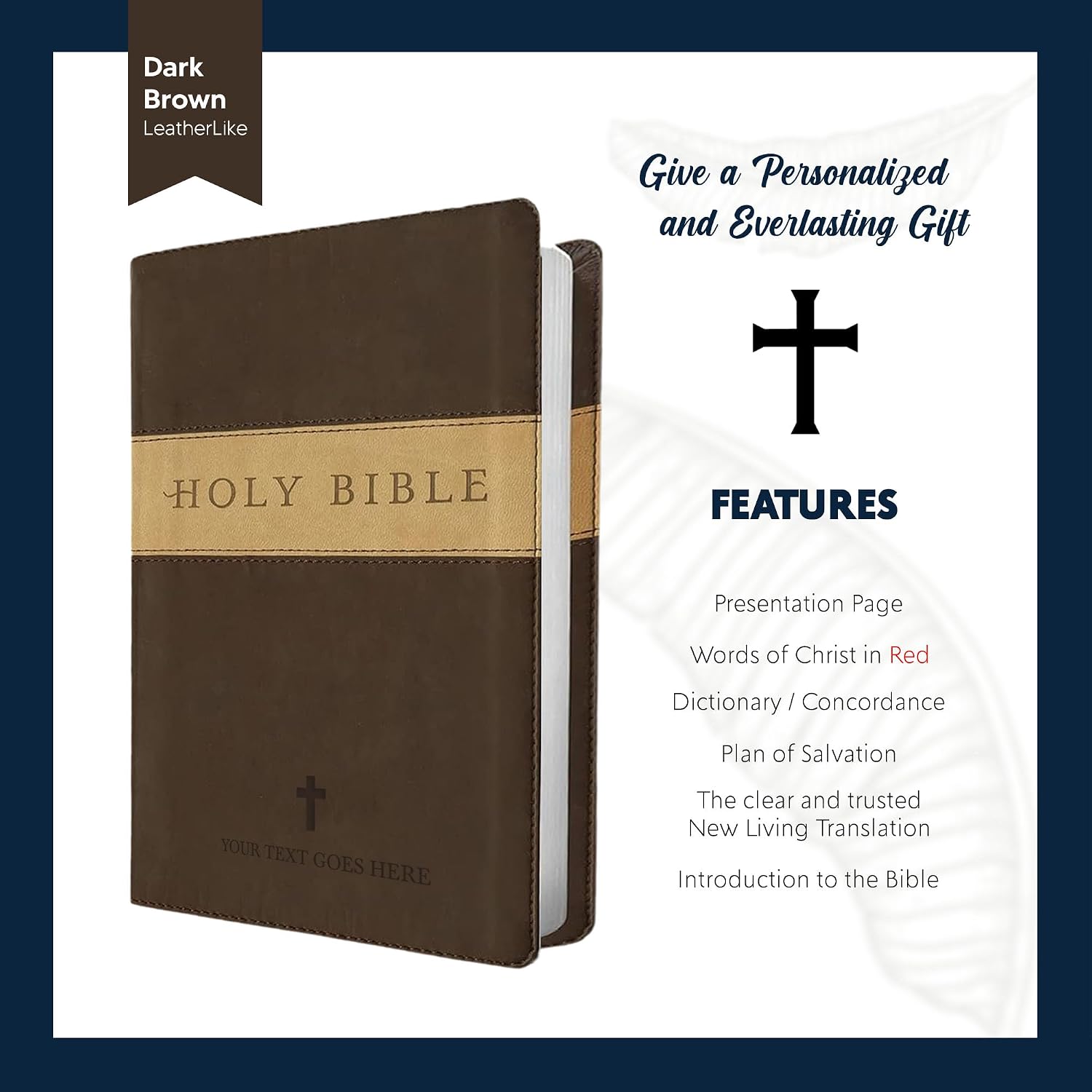 Personalized NLT Trutone Bible New Living Translation Faux Leather Holy Bible with Custom Name and Text, Red-Highlighted Verses | Custom Gift for Religious Celebrations | Small Text | Brown