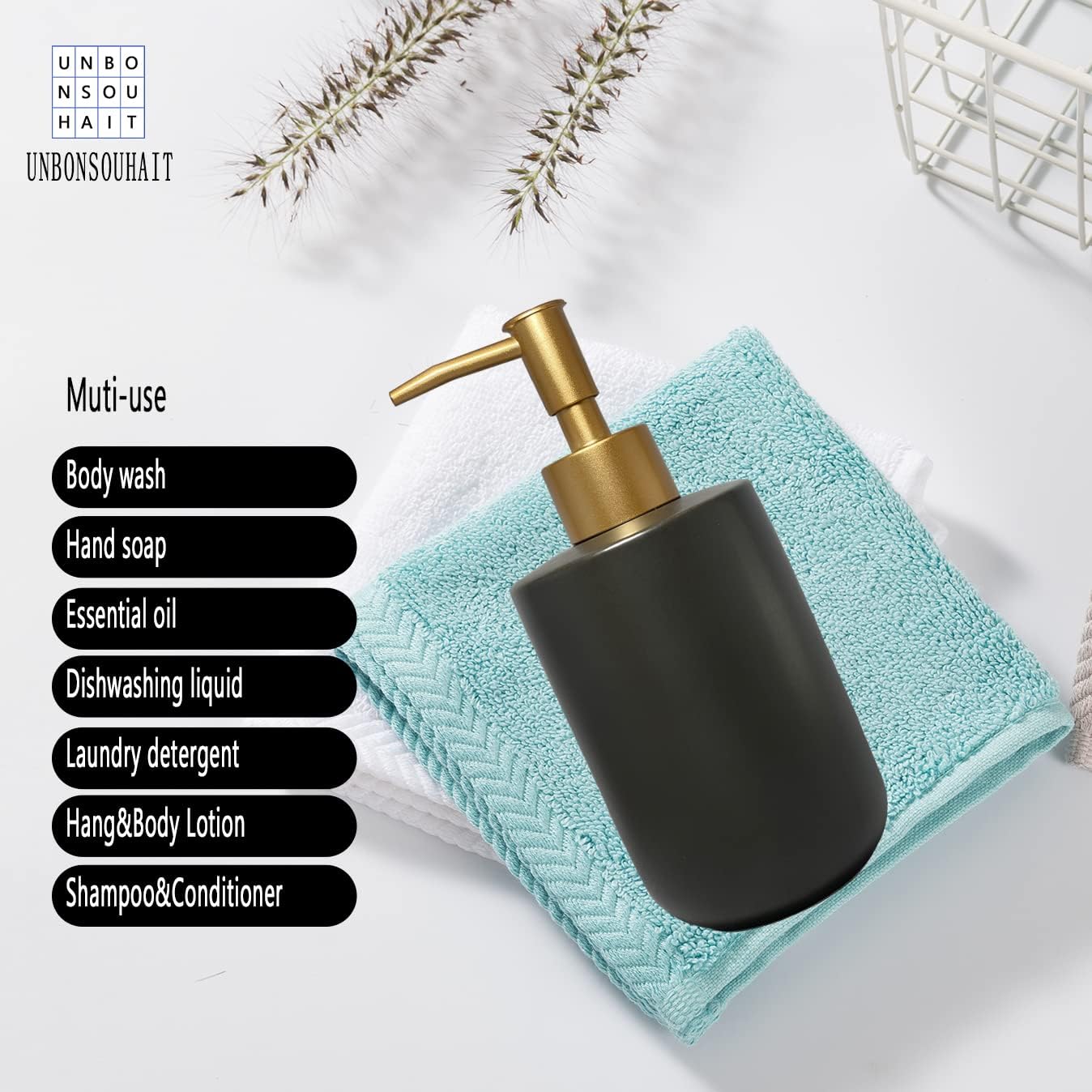 Liquid Soap Dispenser for Bathroom with Gold Pump，Dish Soap Dispenser for Kitchen Sink，Refillable Countertop Lotion Ceramics Black Hand Soap Dispenser for Shower 420ml (Cylindrical Black Bottle) : Home & Kitchen
