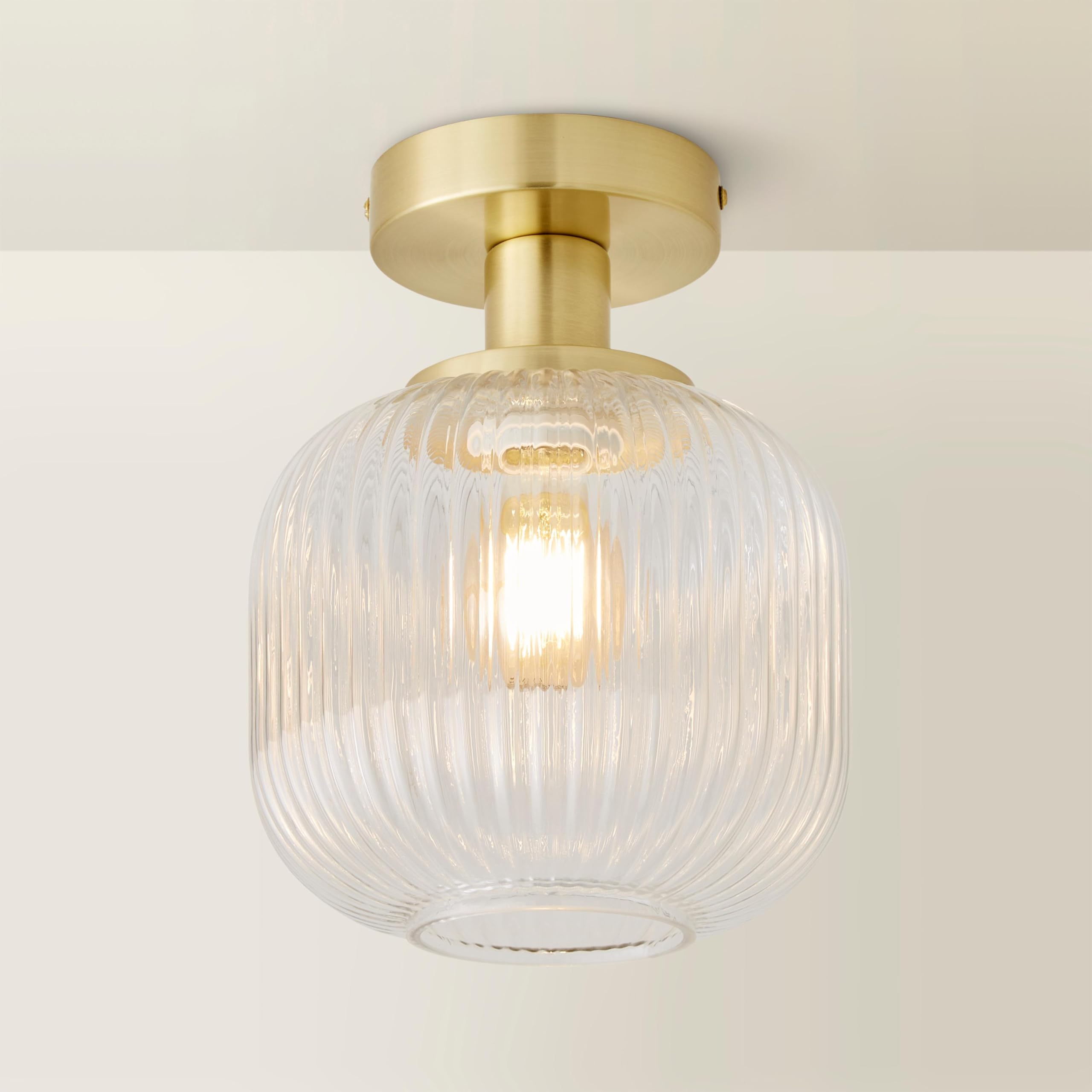 ValueLights | Gold Flush Ceiling Light Fitting with Ribbed Clear Glass Shade | Pendant Lights, Home Décor & Improvement Essential | Mains Wired
