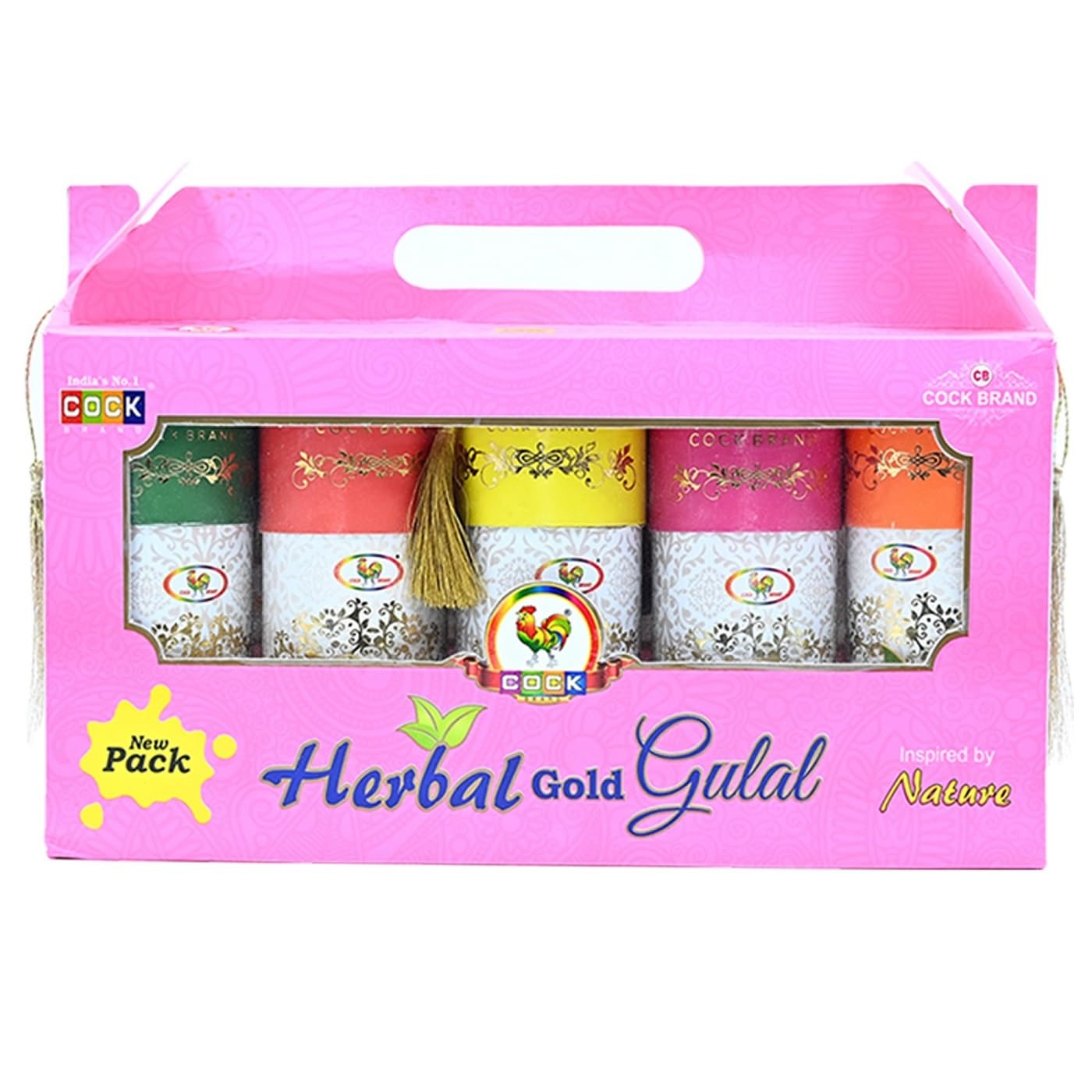Cock Brand Herbal Gold Gulal – Pack of 5 (300G) | Organic Herbal Gulal for Holi Corn Starch Powder | Non-Toxic Holi Colours | Easy to Remove and Washable | Smooth on Skin