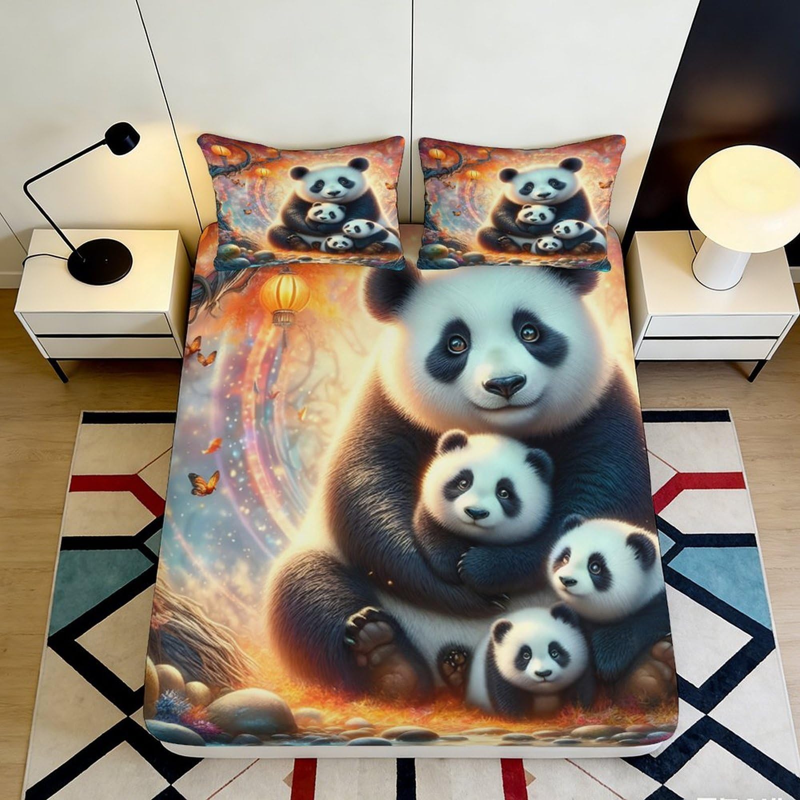 3D Printed Panda Family Fitted Sheet Microfiber Soft Washable Cartoon Bamboo Forest Bed Cover for Bedroom Home Decor 90x200x25cm