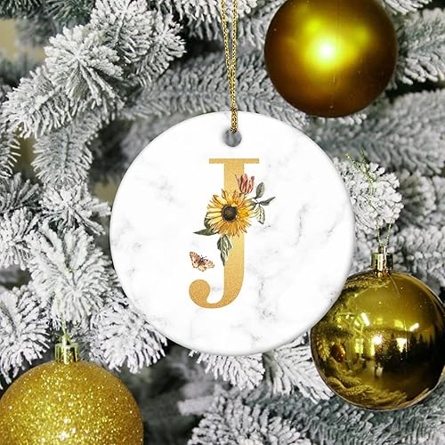 Miniatura 3 de Adorno circular de porcelana con diseño de girasol, letra J dorada, adornos de Navidad 2022 para árbol, iniciales personalizadas para colgar