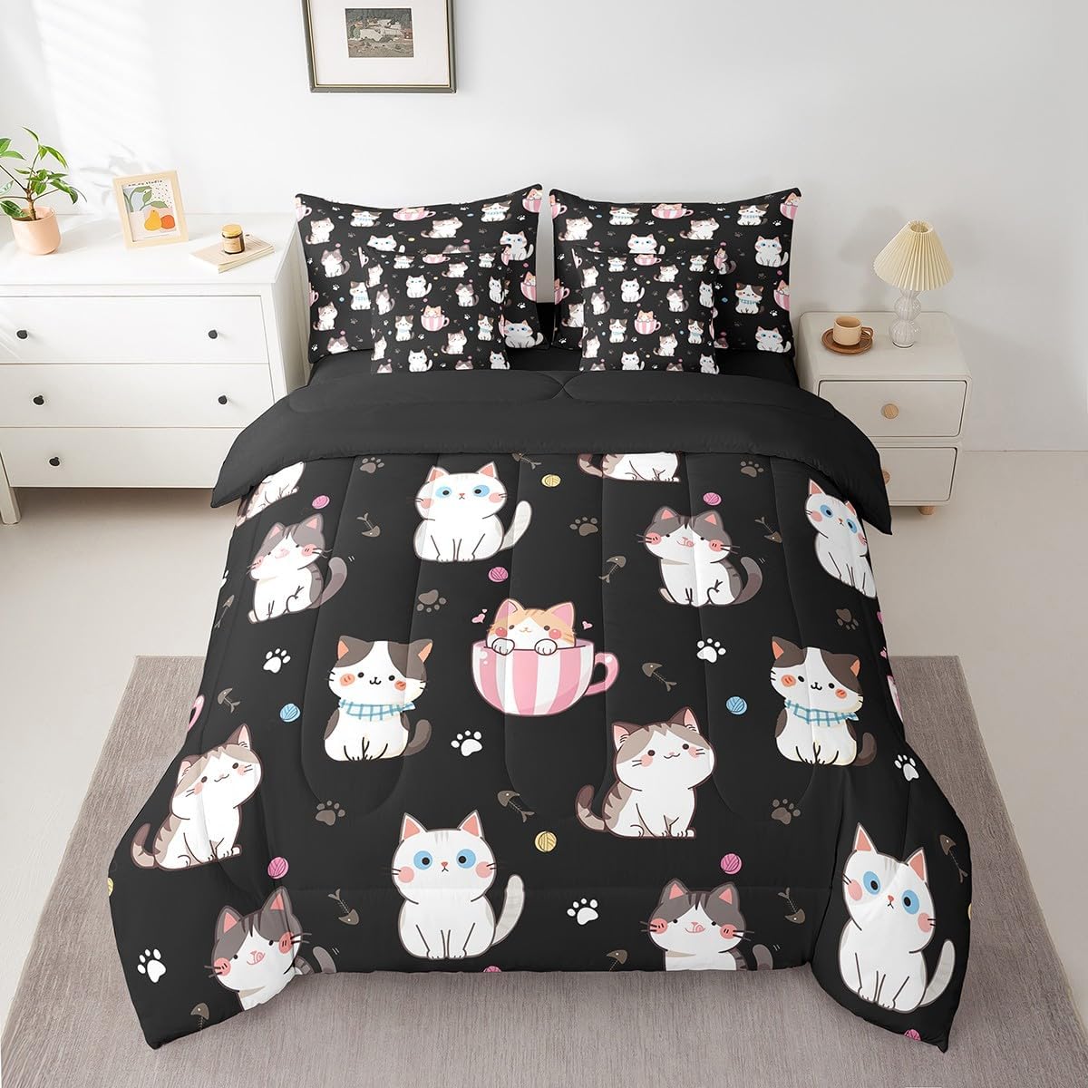 Feelyou Toddler Cat Bed in a Bag for Kids Boys Girls Cats Print Queen Comforter Set with Sheets Cute Cartoon Design 7 Pieces Bedding Set Bedroom Decor Cute Kitten Bed Set Animal, Black