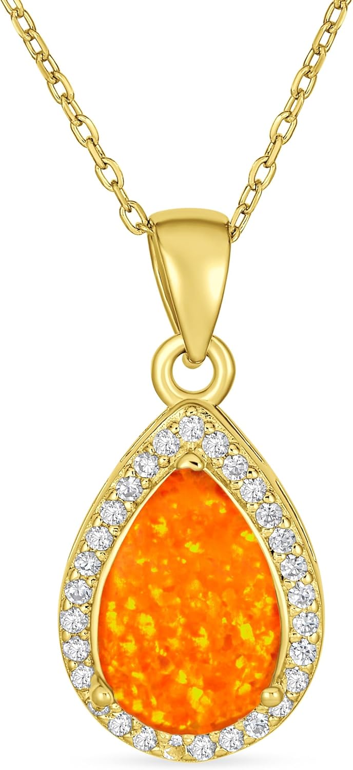 Bridal Antique Gemstone CZ Halo Solitaire Fire Orange White Created Opal Teardrop Oval Necklace Pendant Earring Jewelry Set For Women 14K Gold Plated.925 Sterling Silver