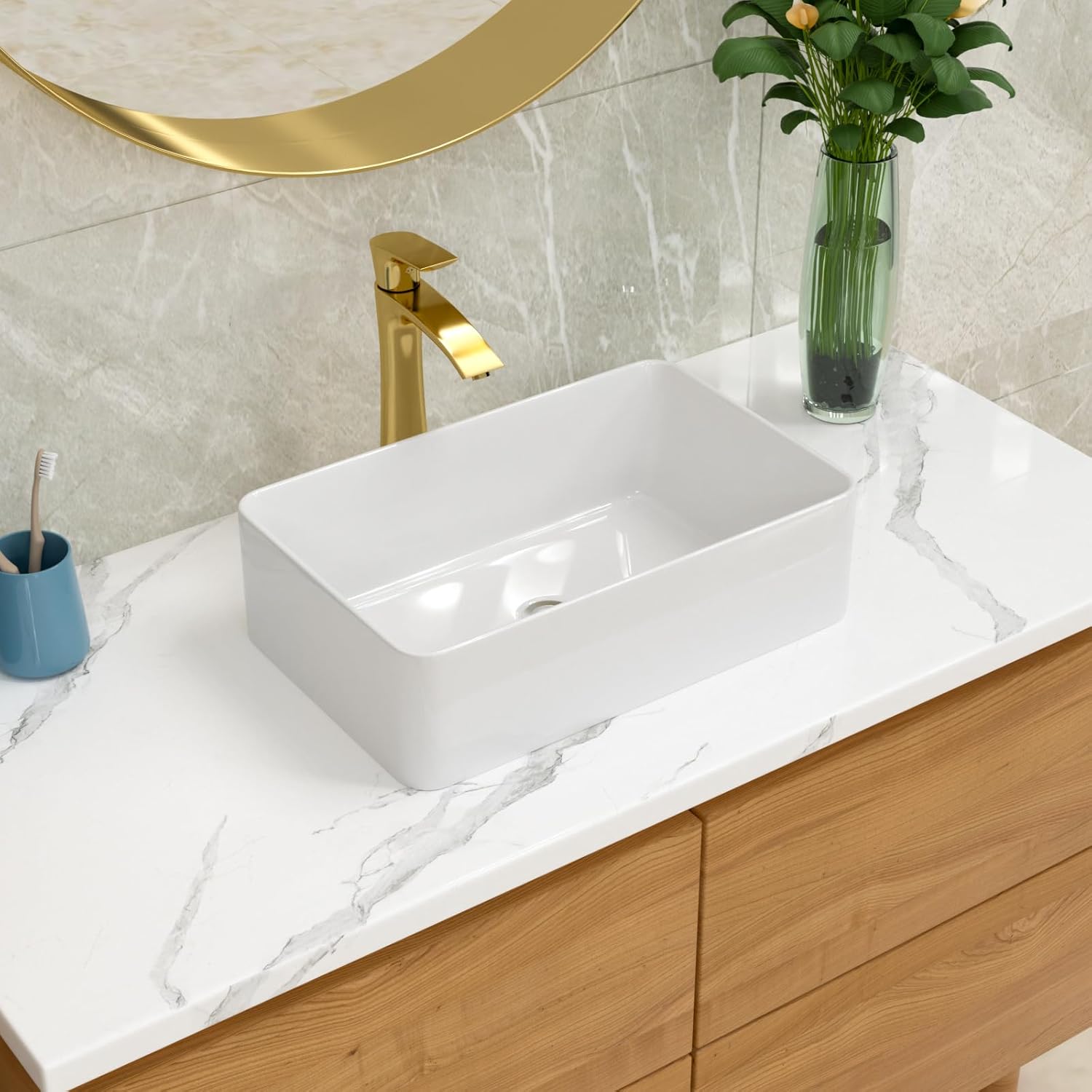 Lordear Vessel Sink Rectangle 21"x14" Bathroom Sink Rectangular Modern Above Counter White Porcelain Ceramic Vessel Vanity Sink Art Basin