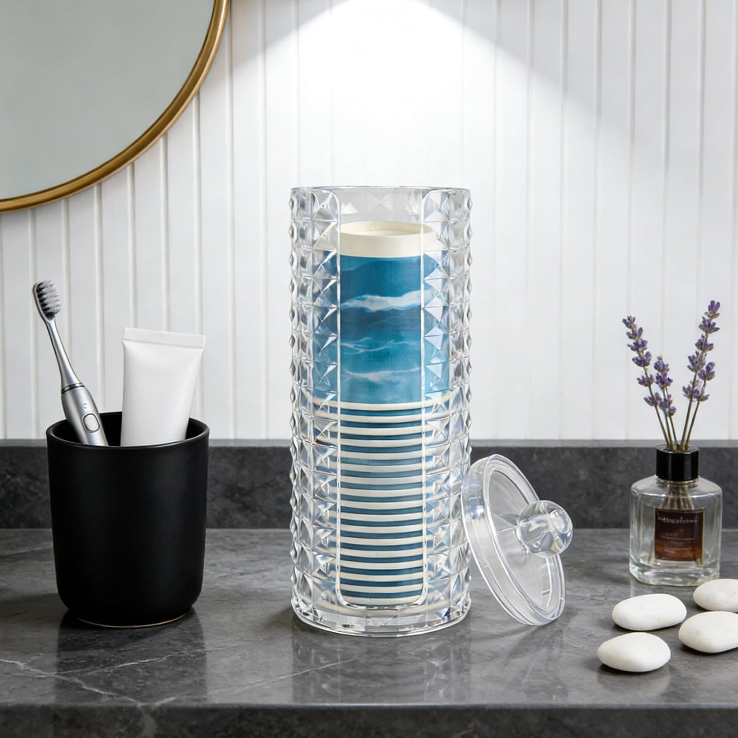 Bathroom Cup Dispenser, Mouthwash Cup Holder for 3oz Disposable Paper Cups with Lids, Cotton Pad Holder for Bathroom/Kitchen/Office