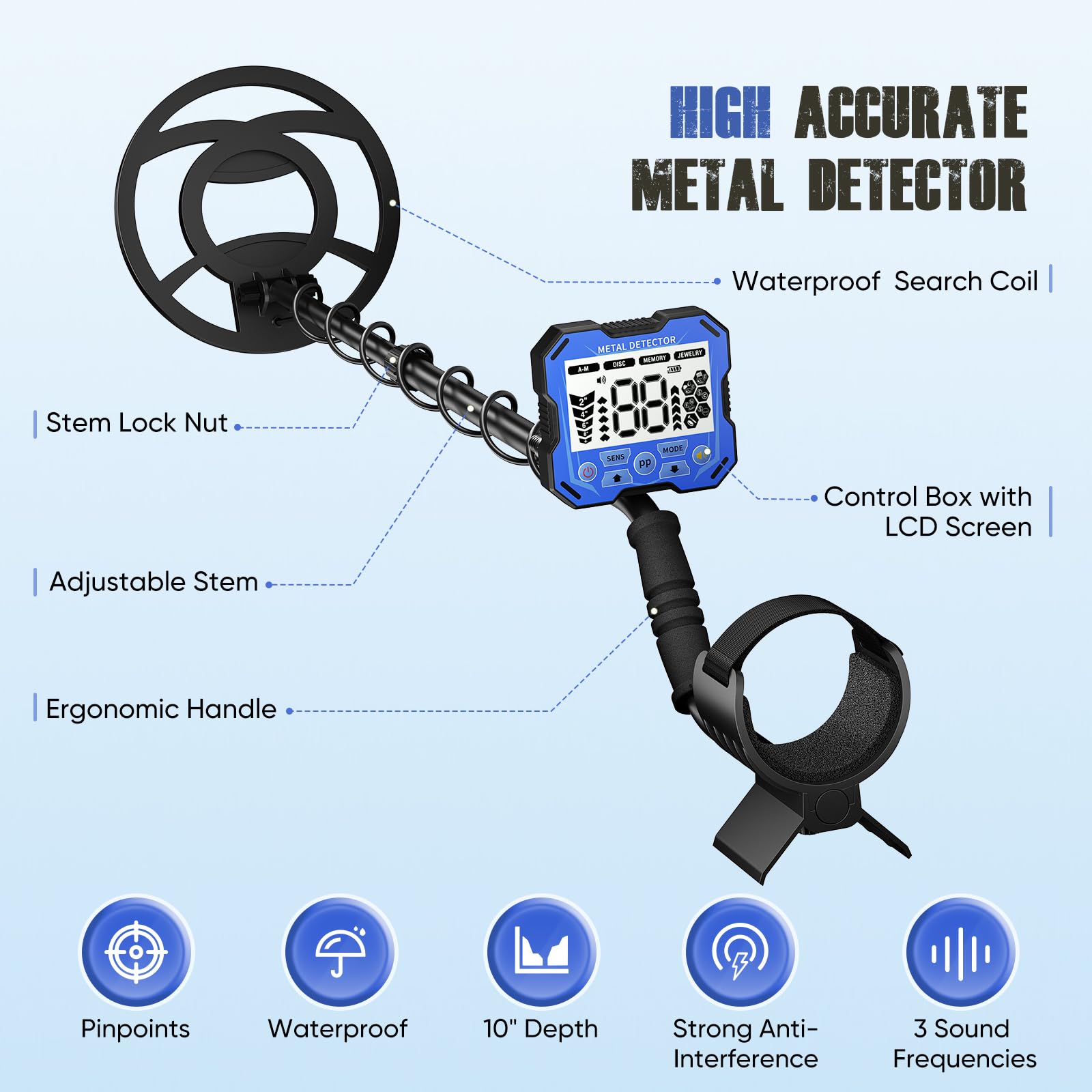 Detectores de Metales, Altura Ajustable, 6 Modos, Detectores de Metales Profesionales con Pantalla LCD, Bobina de Búsqueda para Niños y Adultos (Azul Oscuro)
