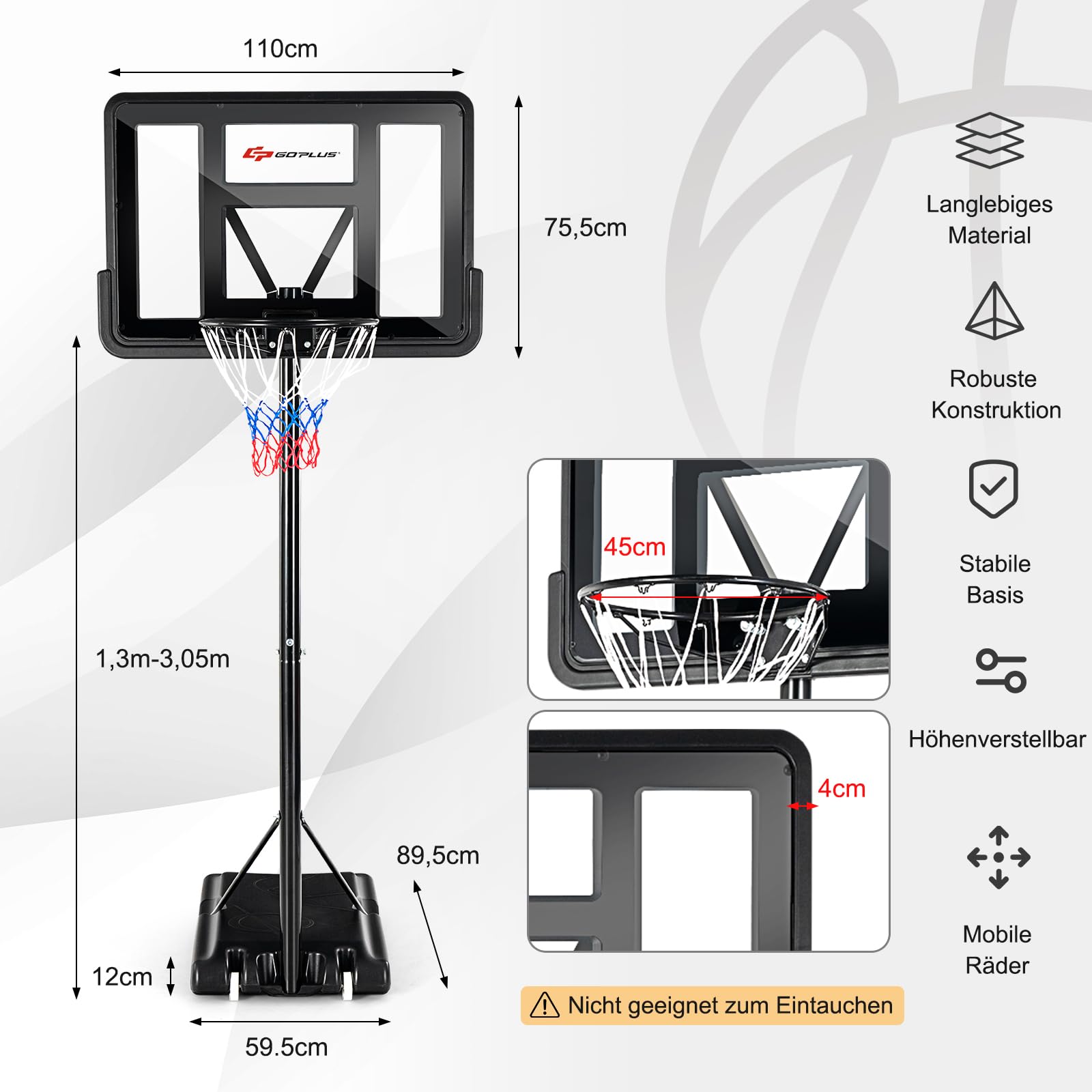 GOPLUS Basketballständer, Basketballanlage höhenverstellbar 130-305cm, Korbanlage Standfuß mit Wasser oder Sand, Basketballkorb mit Ständer für Jugendliche, Erwachsene