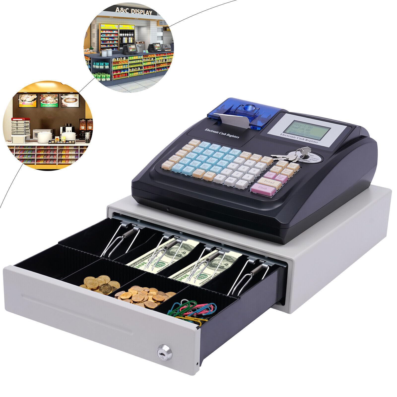 Kasa fiskalna do gastronomii, handel detaliczny, system kasowy z 48 przyciskami z pudełkiem na banknoty 40 W, wiele trybów transakcji, kasa z 8-bitowym wyświetlaczem cyfrowym LED