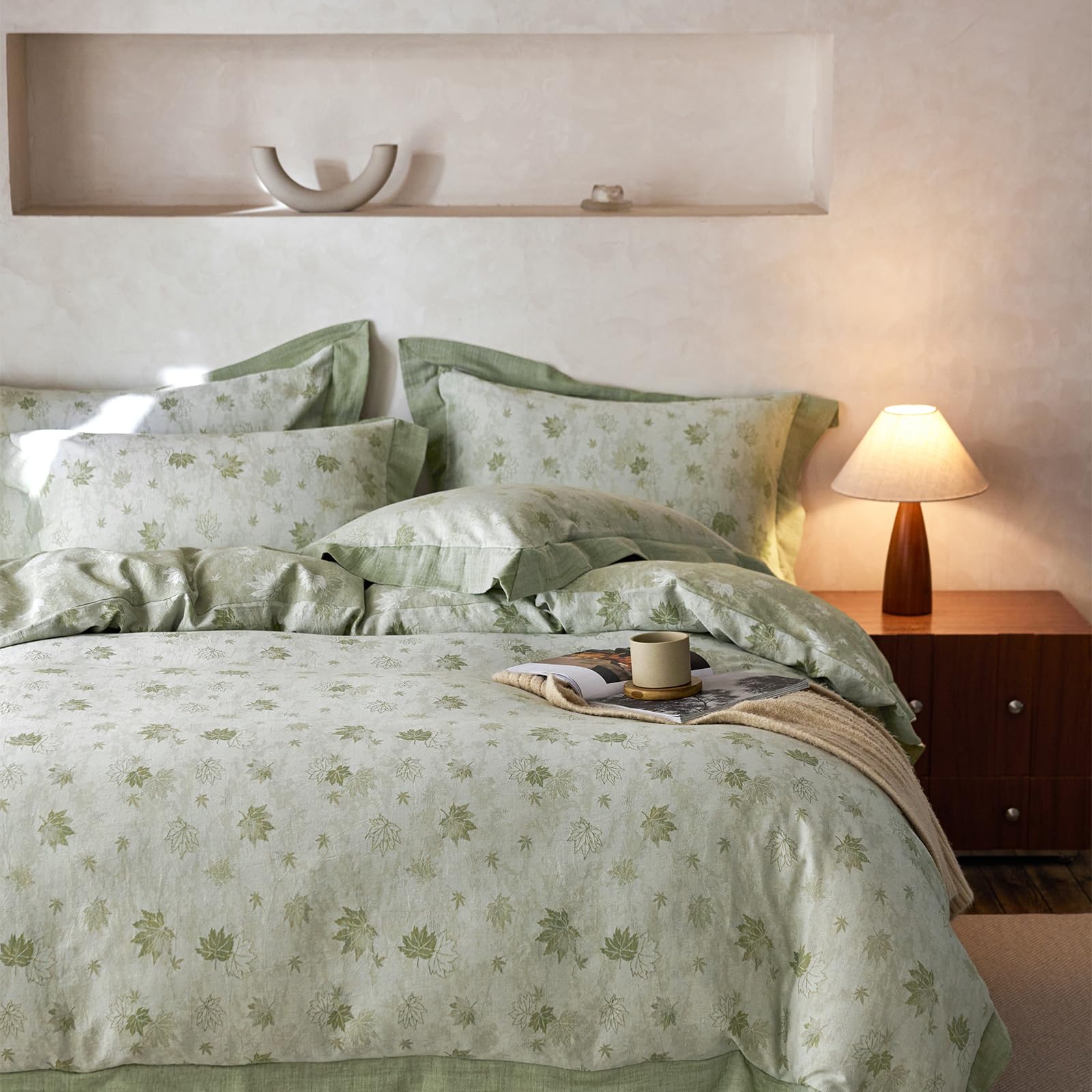 mixinni Yarn-Dyed Jacquard Duvet Cover Queen, Green Botanical Leaf Print 3-Piece Bedding Set with Wide Edge Piping, Soft Breathable Double Layer Gauze for All Seasons (1 Duvet Cover + 2 Pillowcases) — image 1