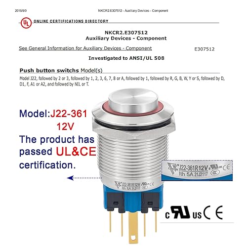 Miniatura 3 de 2 interruptores de botón con pestillo de 0.866 pulgadas, alto redondo, parada de arranque, resistente al agua, encendido y apagado, acero inoxidable