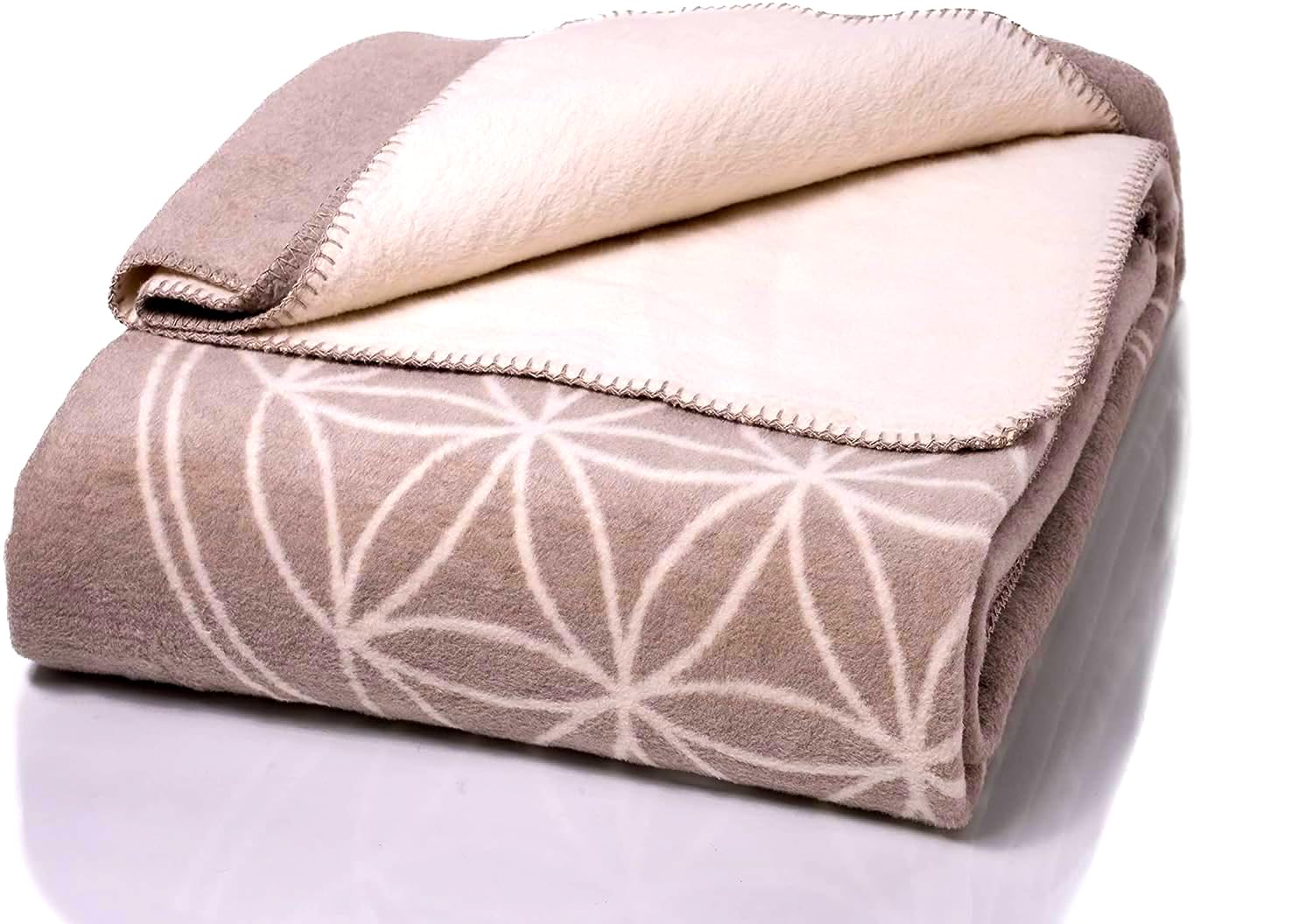 Glart - Manta XL de lana suave y gran capacidad térmica, mullida felpa para acurrucarse o cubrir el sofá, 150 x 200 cm, estampado de la flor de la vida rosa y crudo