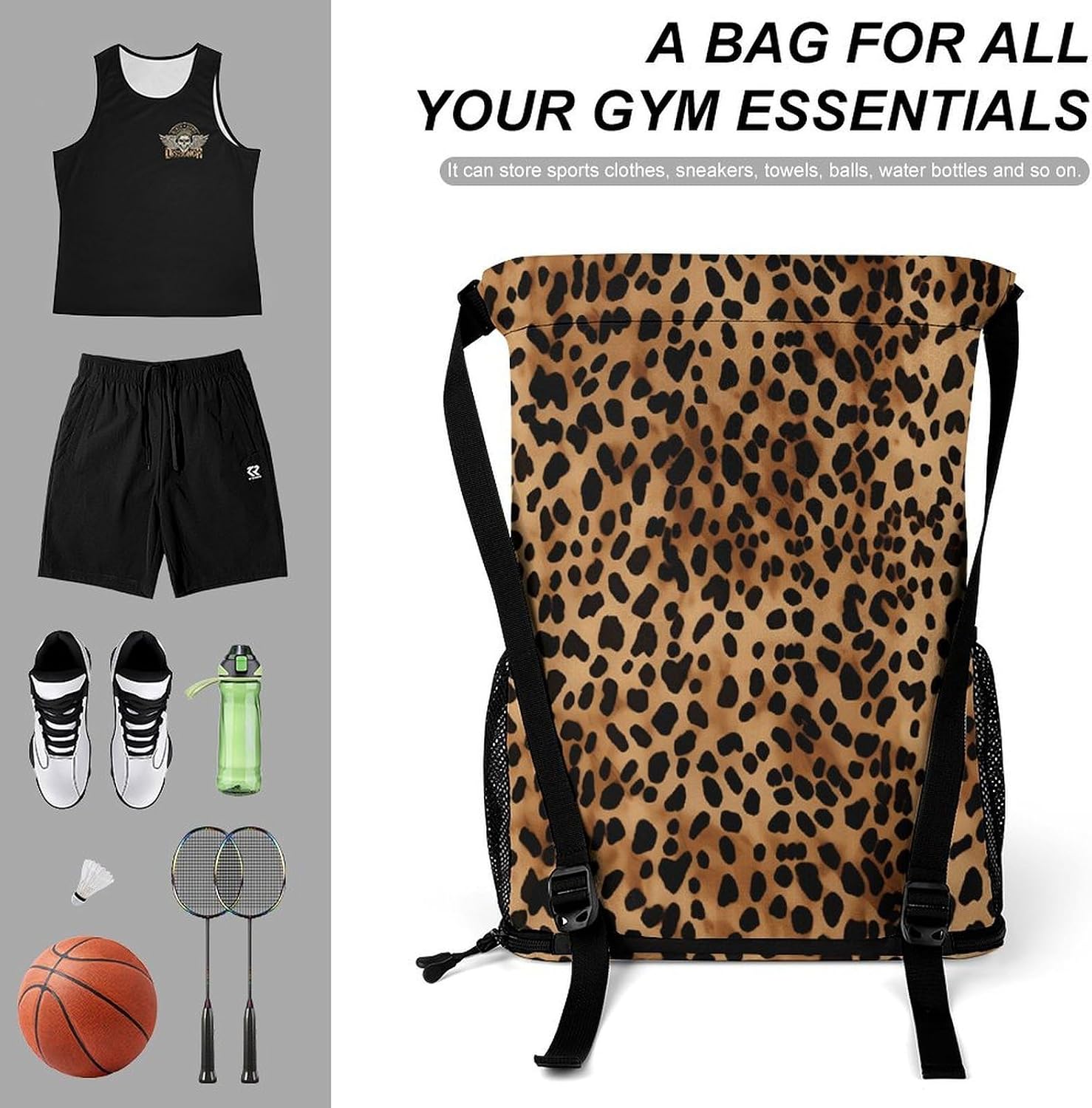 Leopard Patterned Wallpaper Drawstring Backpack with Wet Pocket - Large Capacity Gym Bag with Shoe Compartment & Mesh Pockets, Adjustable Lightweight Gym Backpack for Swimming, Travel, Workout