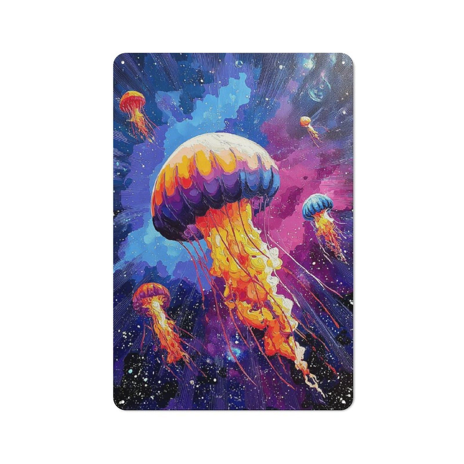 Junmoney Jellyfish In Cosmic Colors 30X20cm Retro Tin Sign With For Living Room Or Hallway, A Decorative Metal Sign For Living Rooms And Hallways