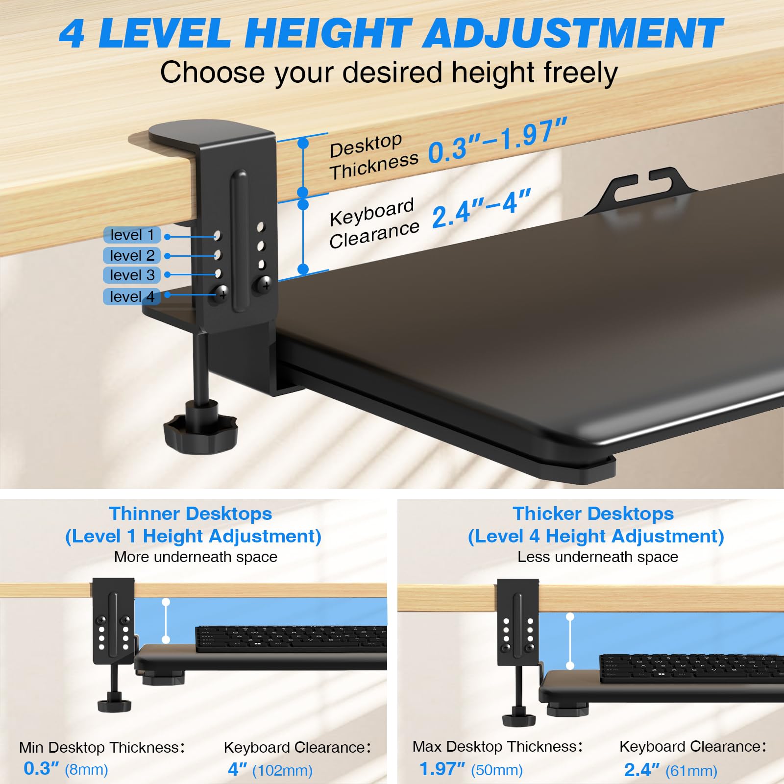 5Rcom Porta Tastiera Estraibile, Estensione Scrivania da Tavolo per THk 8-50 mm, Ripiano Estraibile per Laptop, Supporto Tastiera pc 650 x300 mm, Perfetto per la Casa o L'Ufficio (Nero)