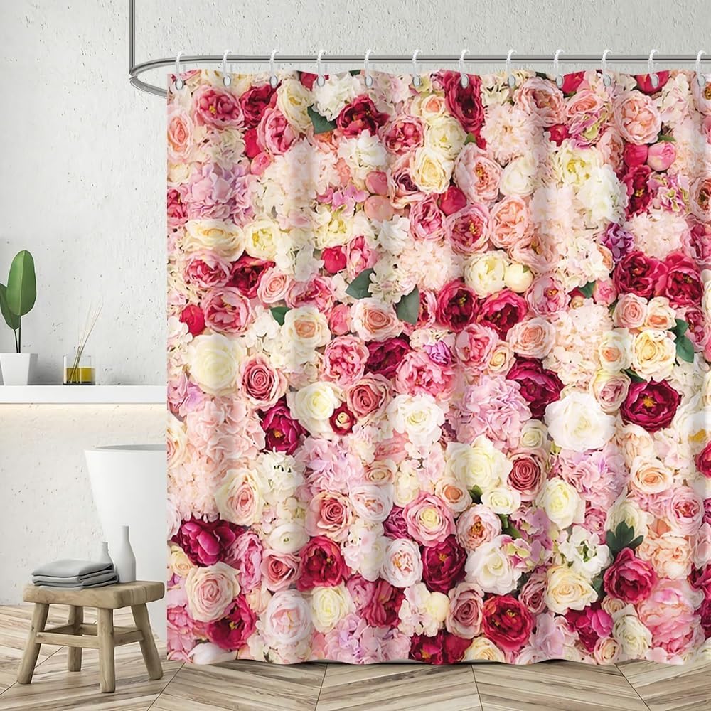 Leyiyi Spring Floral Shower Curtain Green Leaves Red Pink Flowers Wall Shower Curtains with Hooks 3D Colorful Romantic Roses Bathroom Curtain Machine Washable Waterproof Fabric 72x72 Inch