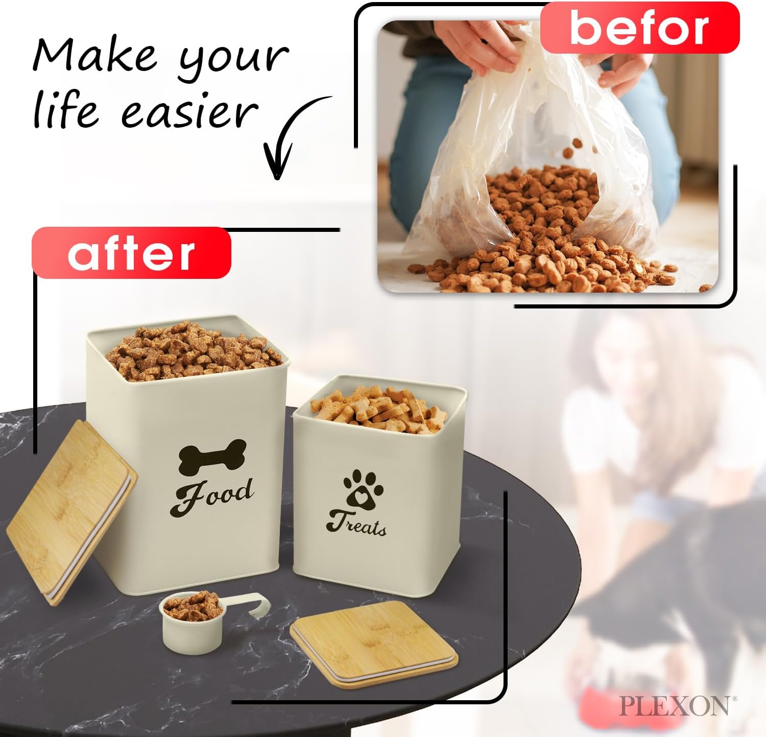 Plexon Pet Food Storage Containers, Dog Food Storage Container with Spoon and Wood Lids, Set of 2 Pet Food Container, Beige
