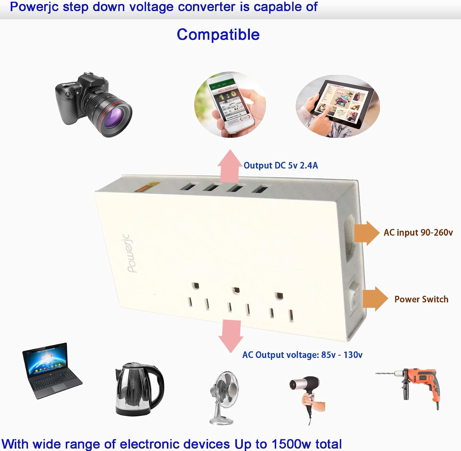 Travel Voltage Converter Power Adapter Step Down 220V to 110V Rated Power 1500with 4 Smart USB Charging Ports ETL for Hot Air Brush and hairdryer