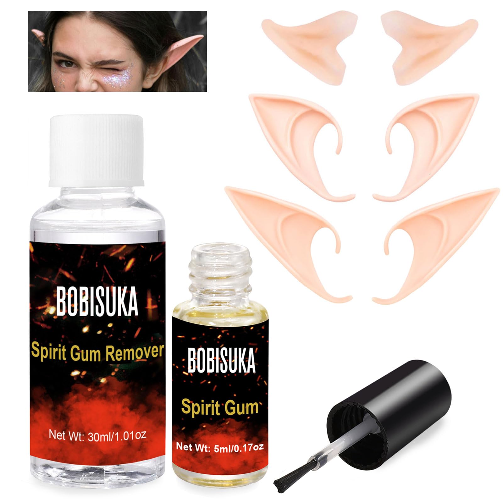 BOBISUKA Elf Ears & Spirit Gum Kit - 3 Pairs Soft Latex Fairy Pixie Ears, Makeup Adhesive & Remover- Ideal for Vampire, Elven, & Masquerade Cosplay -