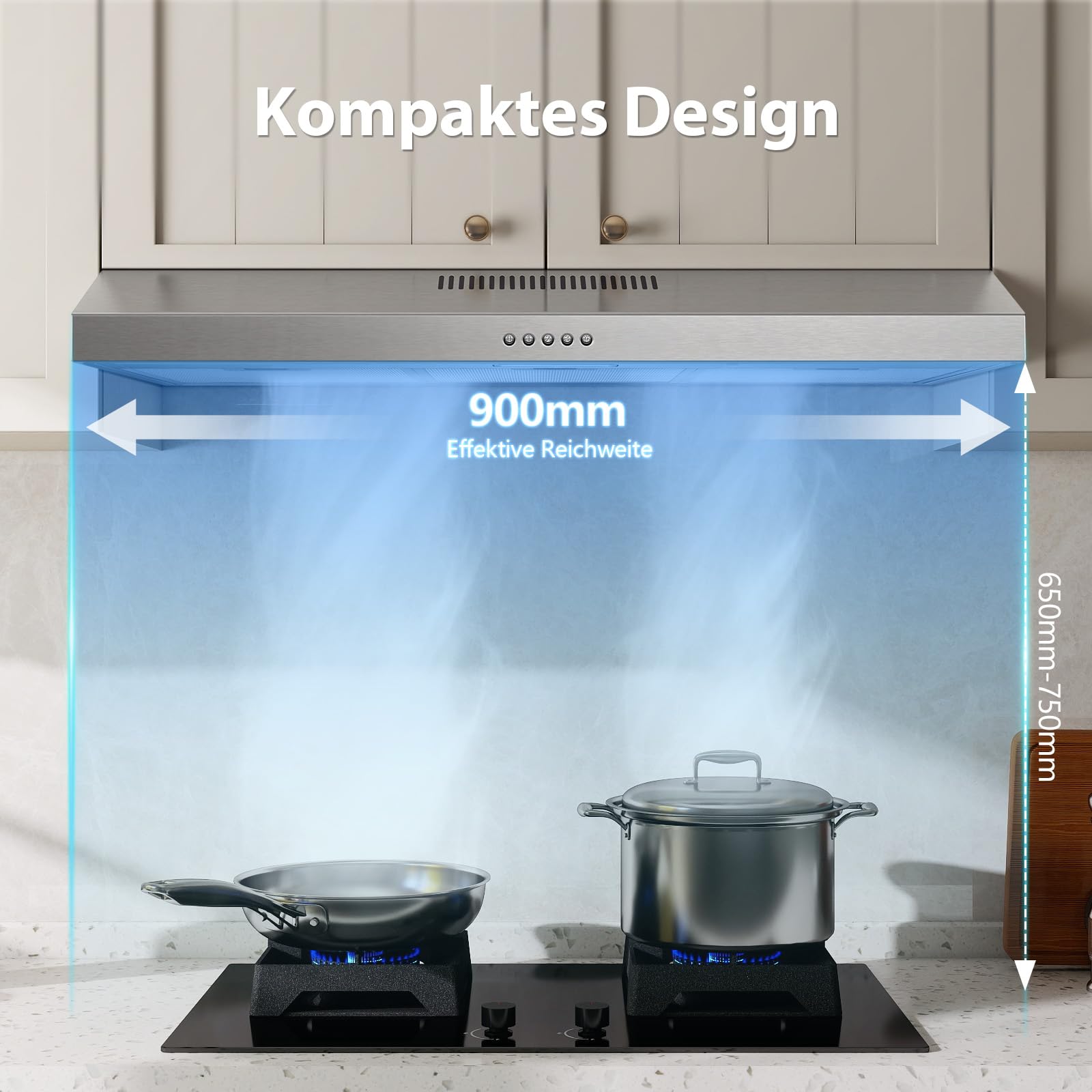 TopStrong Dunstabzugshaube 90cm Unterbau, Umluft & Abluft Dunstabzug mit LED-Beleuchtung, 201 m³/h Unterbauhauben Abzugshaube mit Aktivkohlefilter CF-D, A Energieklasse, 3 Stufen, Edelstahl Silber