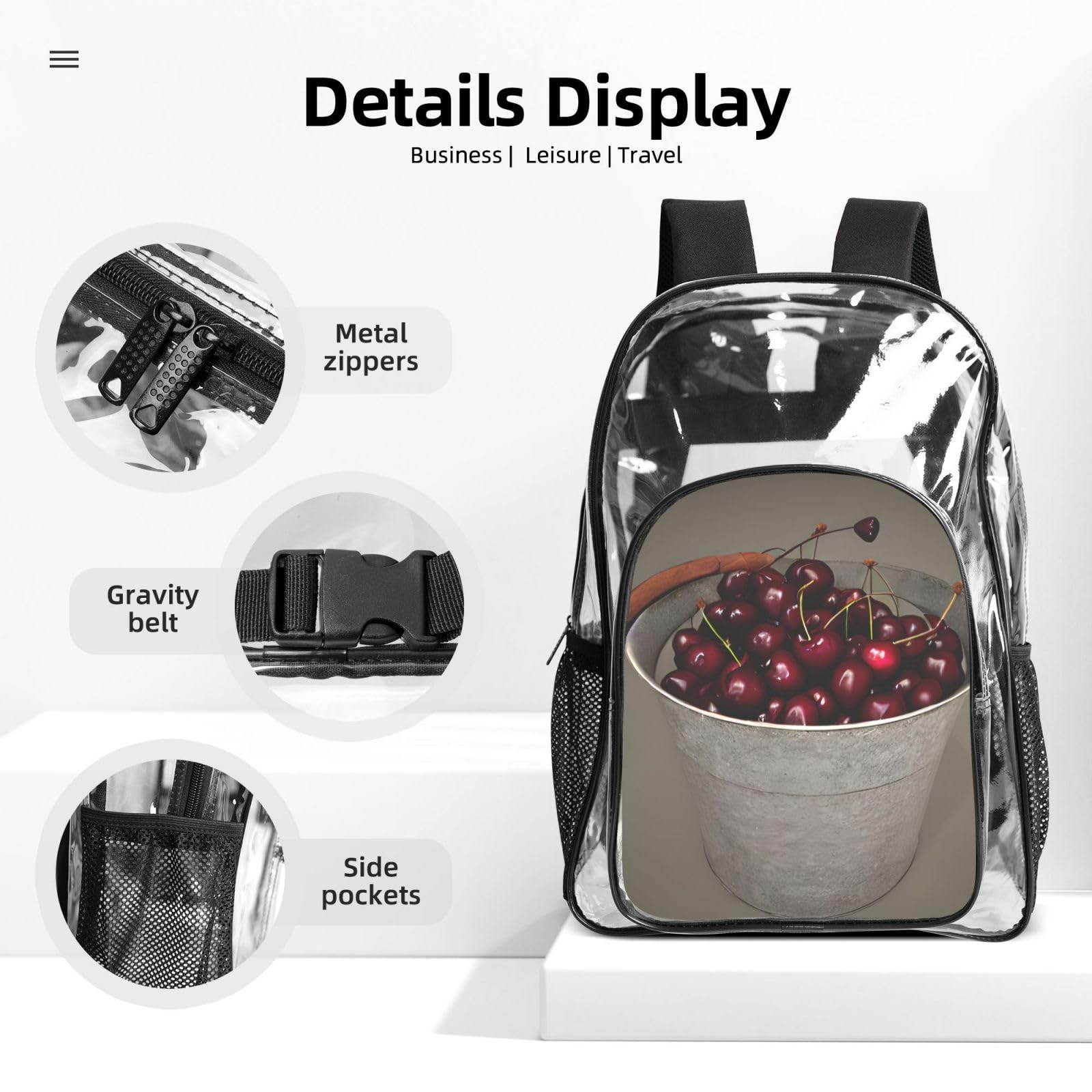 Zaino trasparente con stampa di ciliegie, unisex, per viaggi all'aperto, con astuccio trasparente per 3 penne