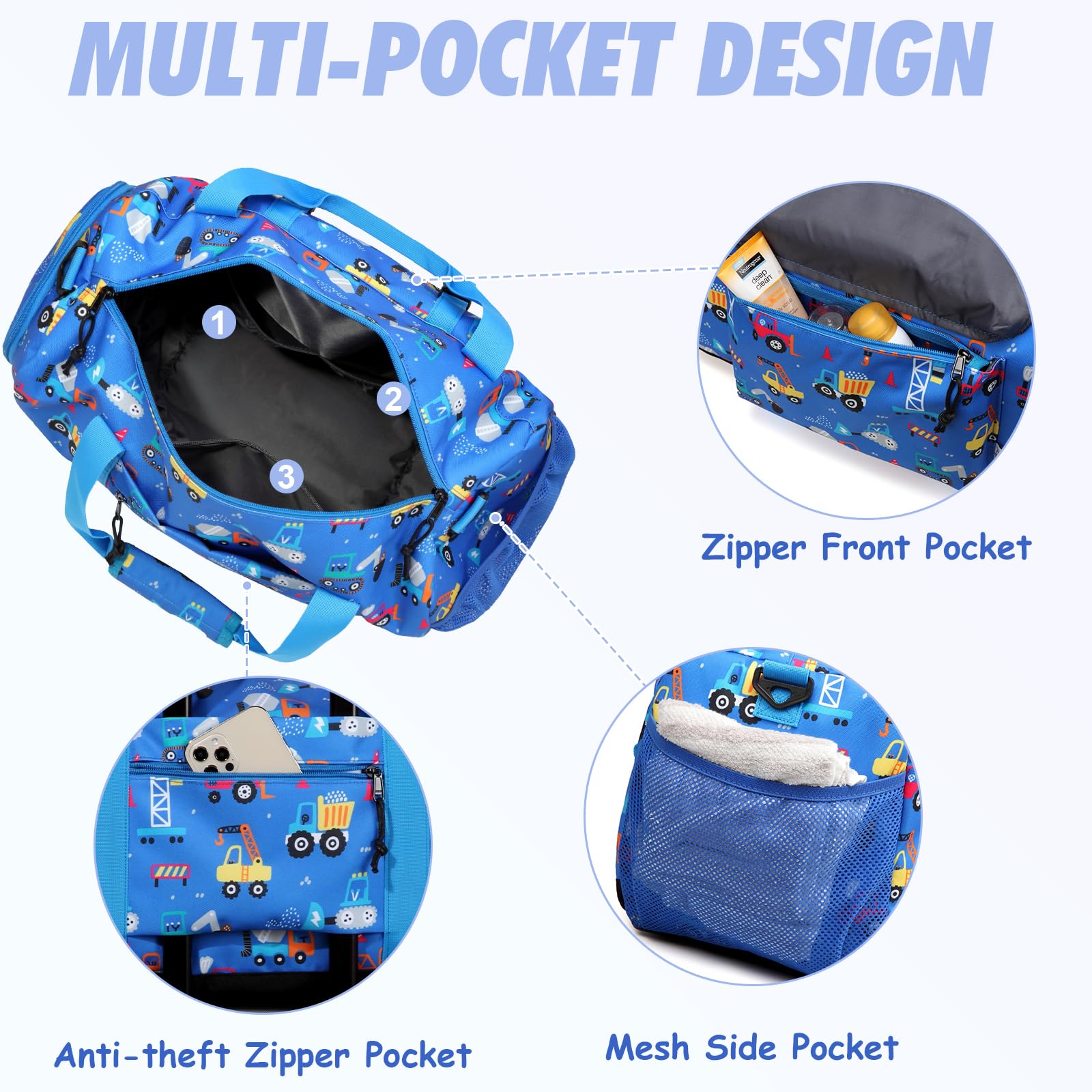 Bolsa de Viaje Infantil, Kasgo Bolsa Deporte Niño Bolsa Danza Niña Ligero Bolso de Fin de Semana con Compartimento de Calzado Impermeable Bolsas de Hombro para Gimnasio Atlético Cámping, Carro Azul