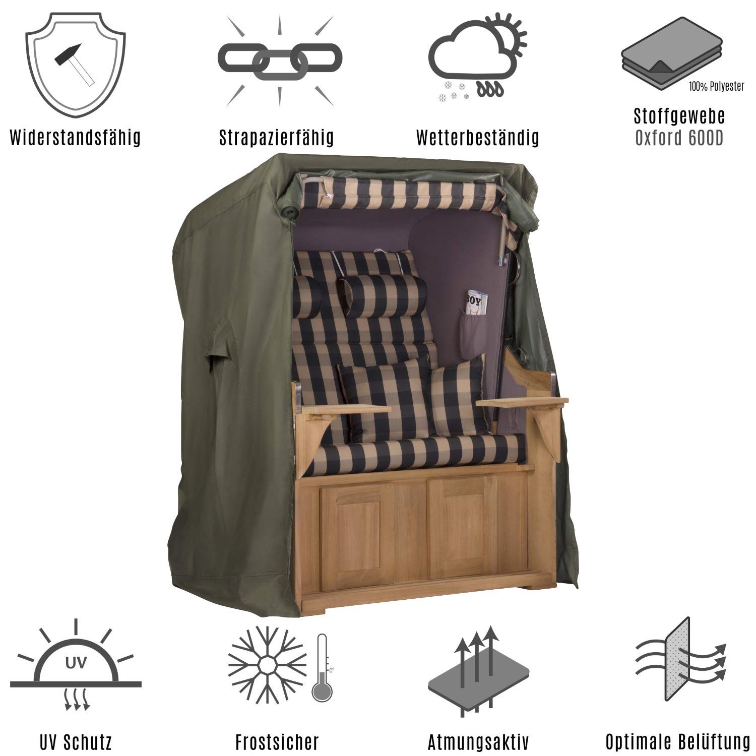 Strandkorb Schutzhülle | Größee L - 135cm | Wetterfeste Strandkorbhülle Oxford 600D in Grün| Wasserdichte Abdeckhaube mit UV-Schutz