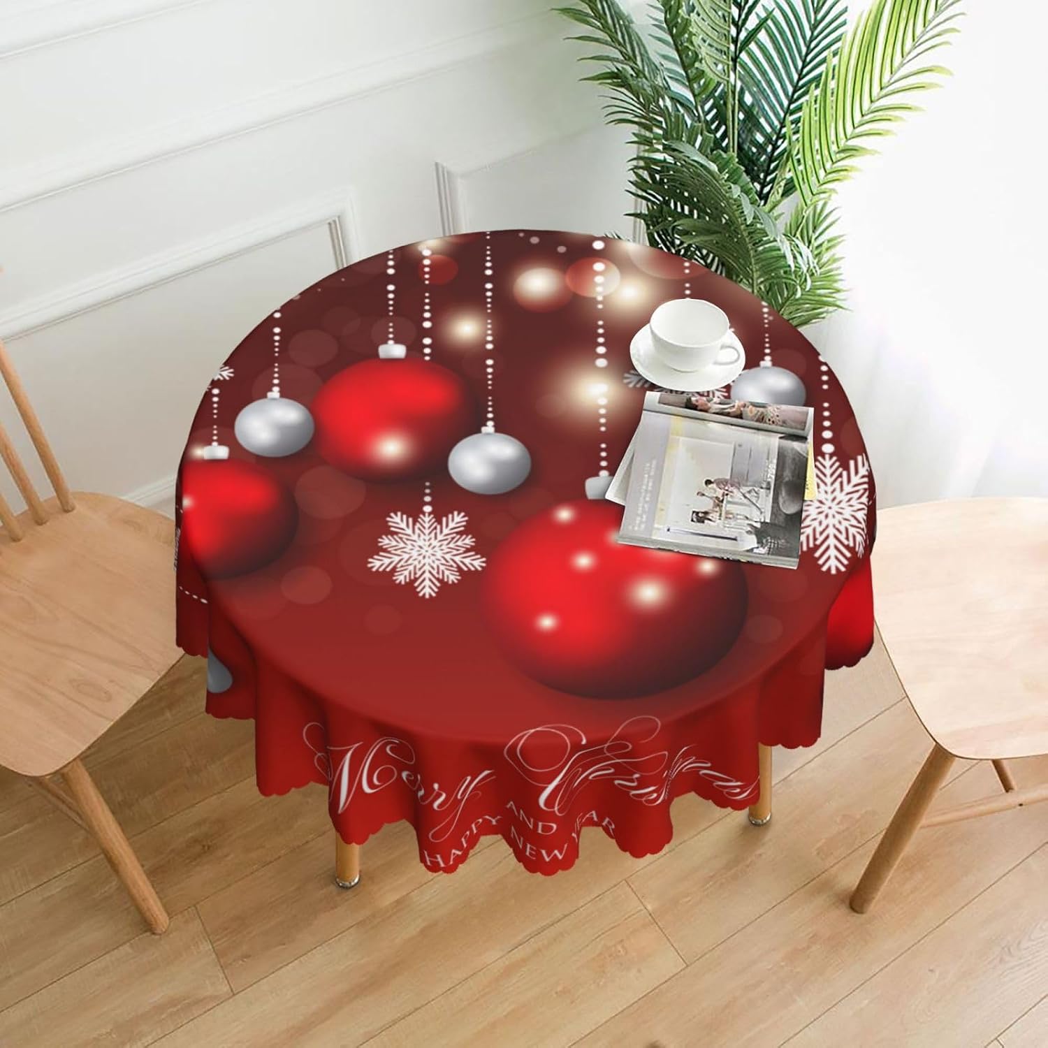 Tablecloth Christmas Red Glitter Snowflake Ball Round 60 x 60 Inch Table Cover Polyester Stain and Wrinkle Resistant Table Cloth for Kitchen Dining Coffee Party